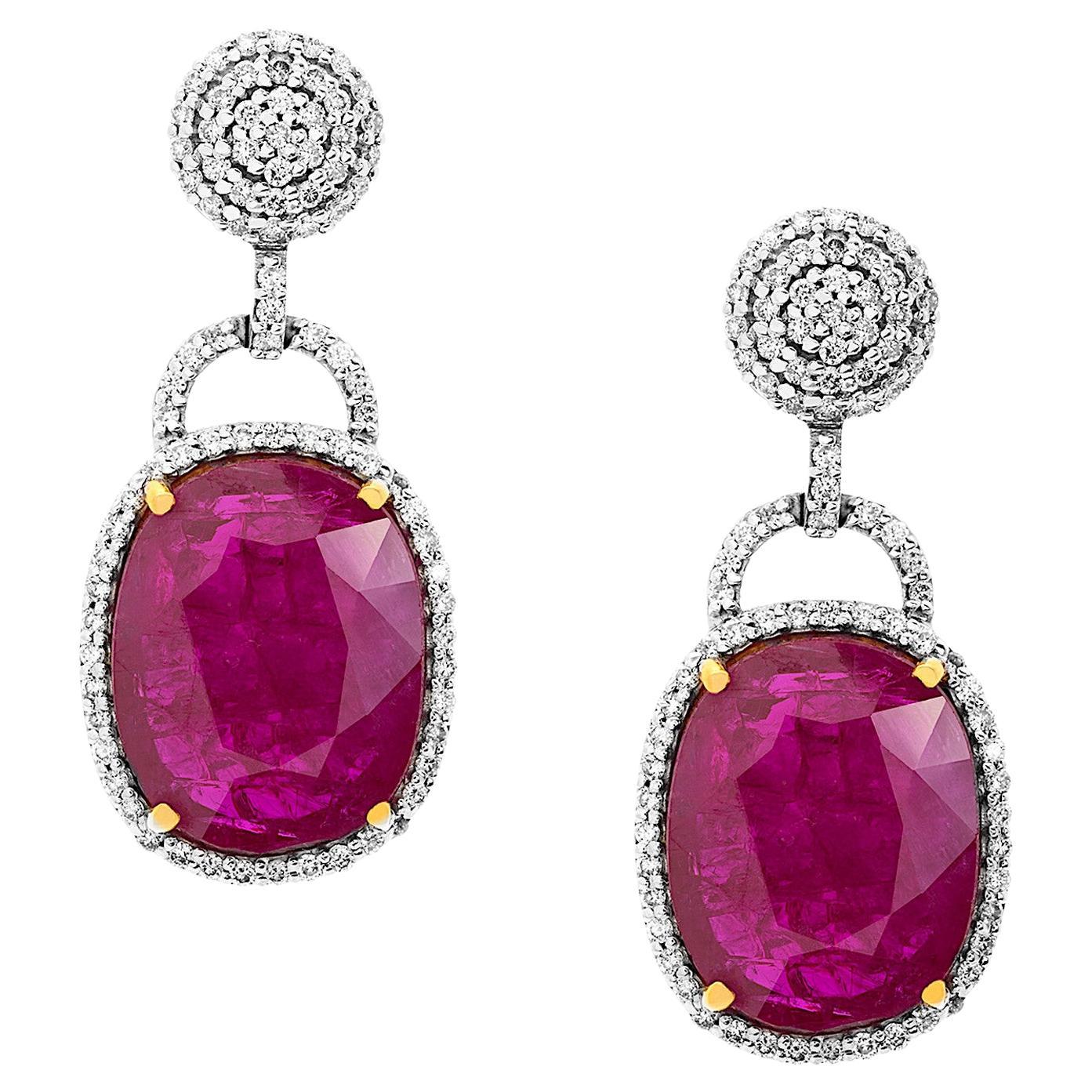 Natural Heated Mozambique Ruby And Diamond Earrings in 18K Yellow Gold For Sale