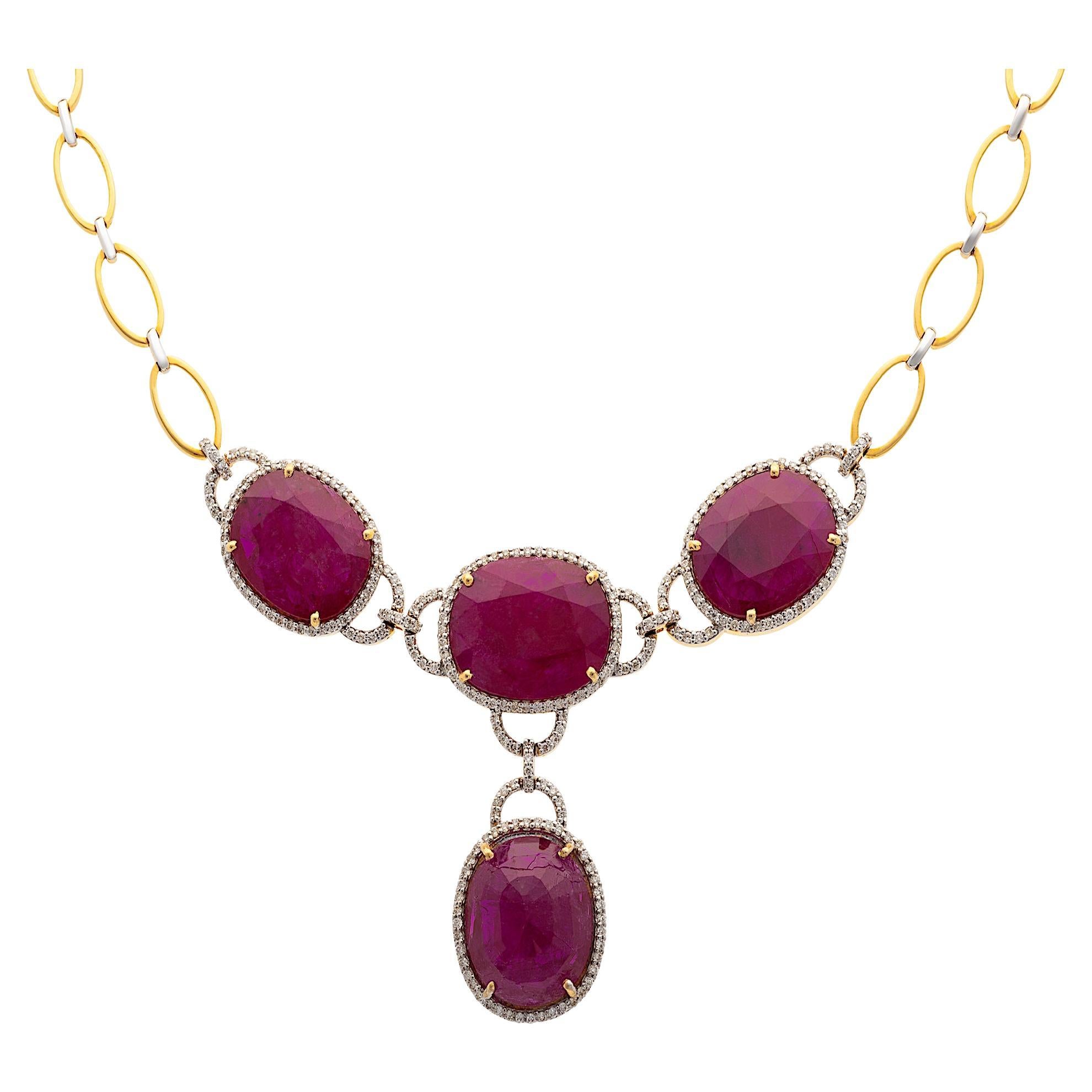 Natural Heated Mozambique Ruby and Diamond Necklace in 18K Yellow Gold