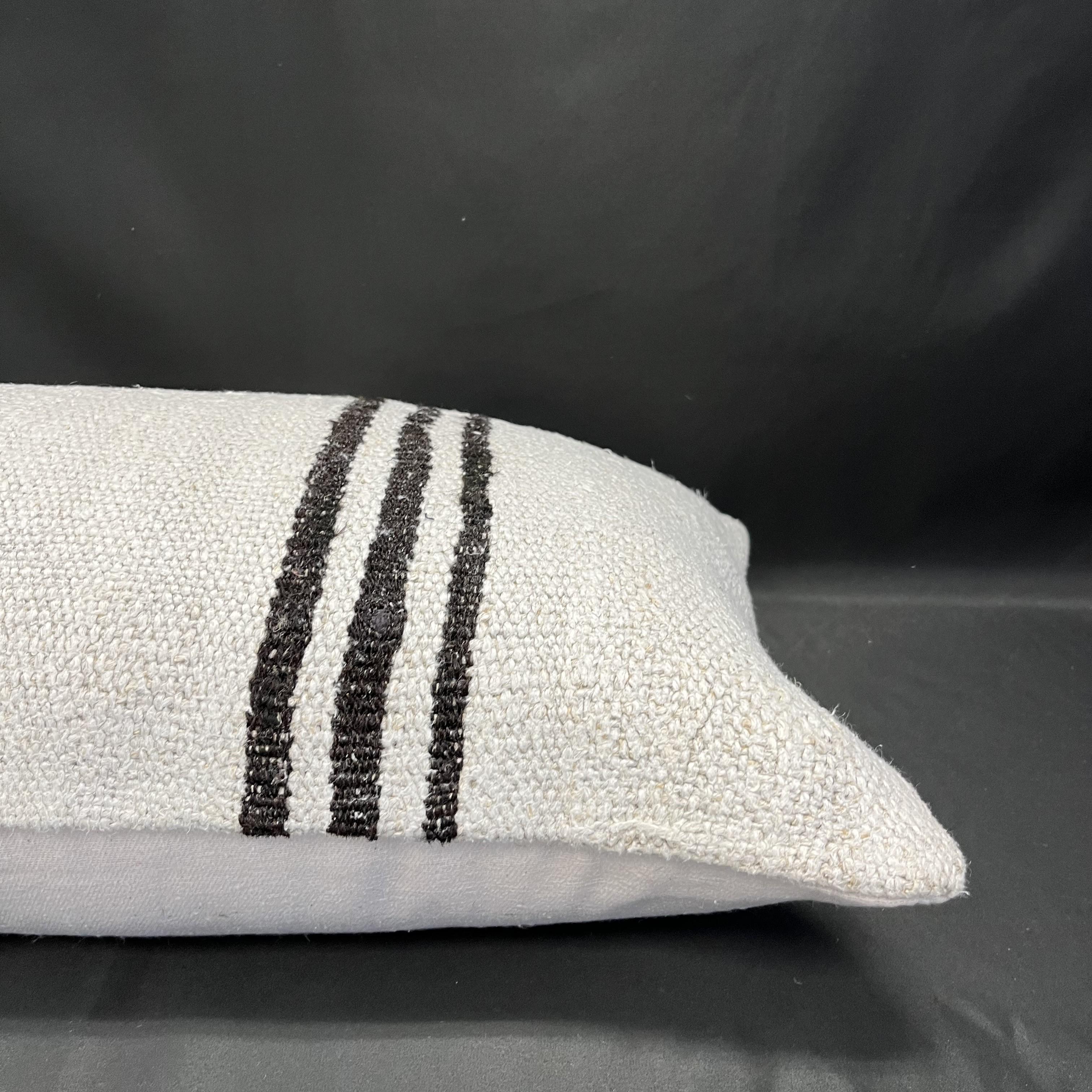 Hand-Woven Natural Hemp Pillow Cover Beige with Brown Striped Pattern 15