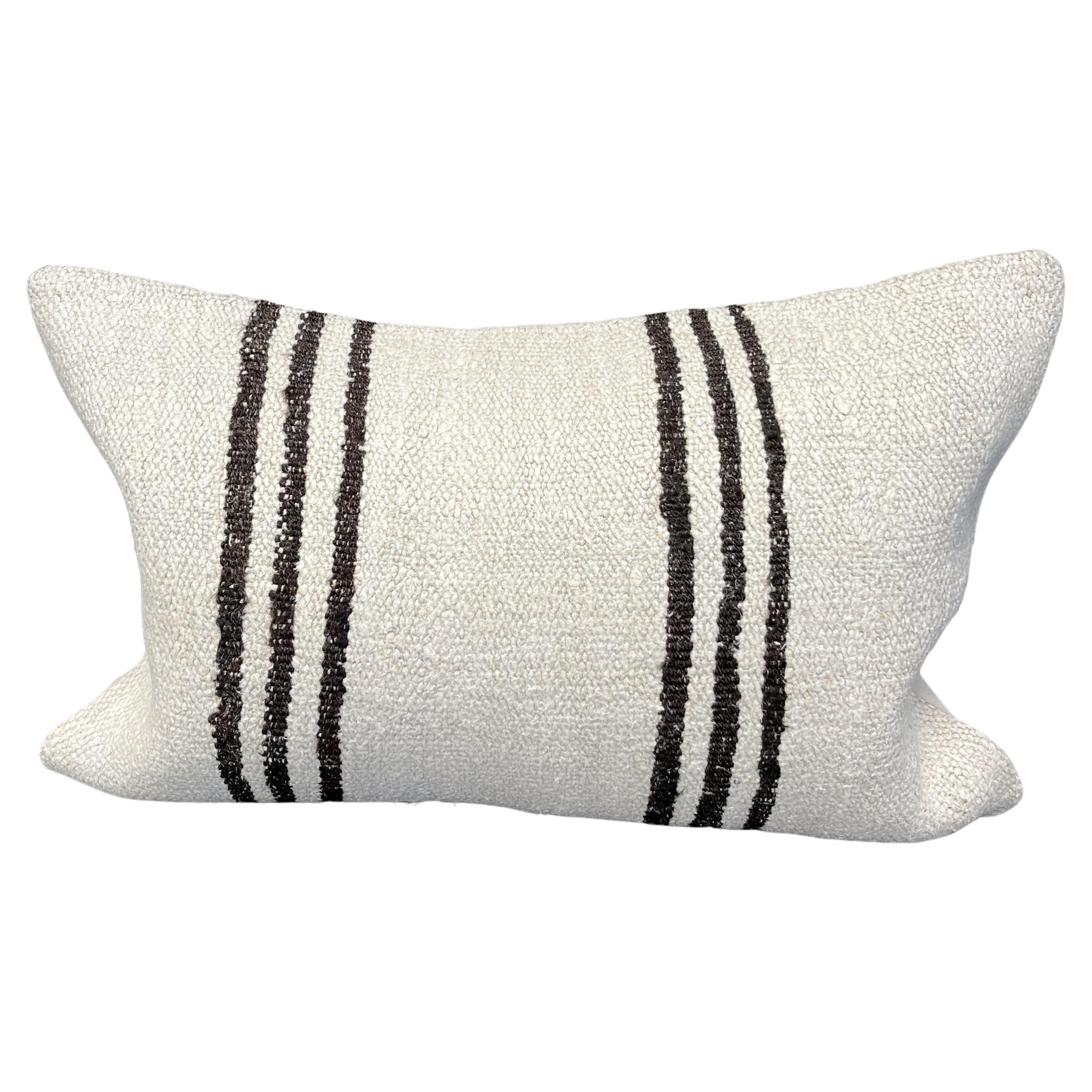 Natural Hemp Pillow Cover Beige with Brown Striped Pattern 15" x 23" For Sale