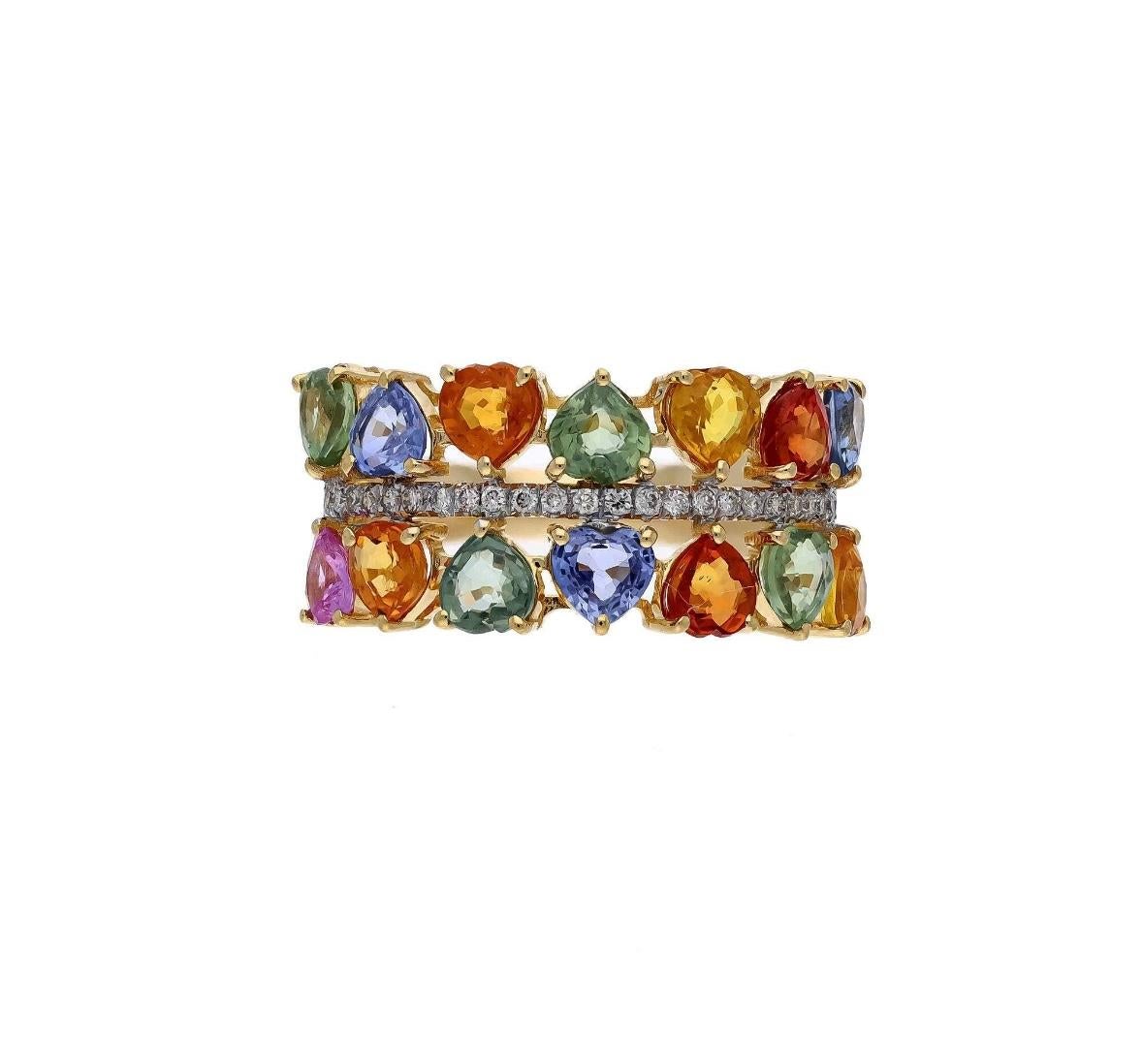 Mixed Cut Natural Herart cut rainbow sapphire & diamond ring in 18k gold