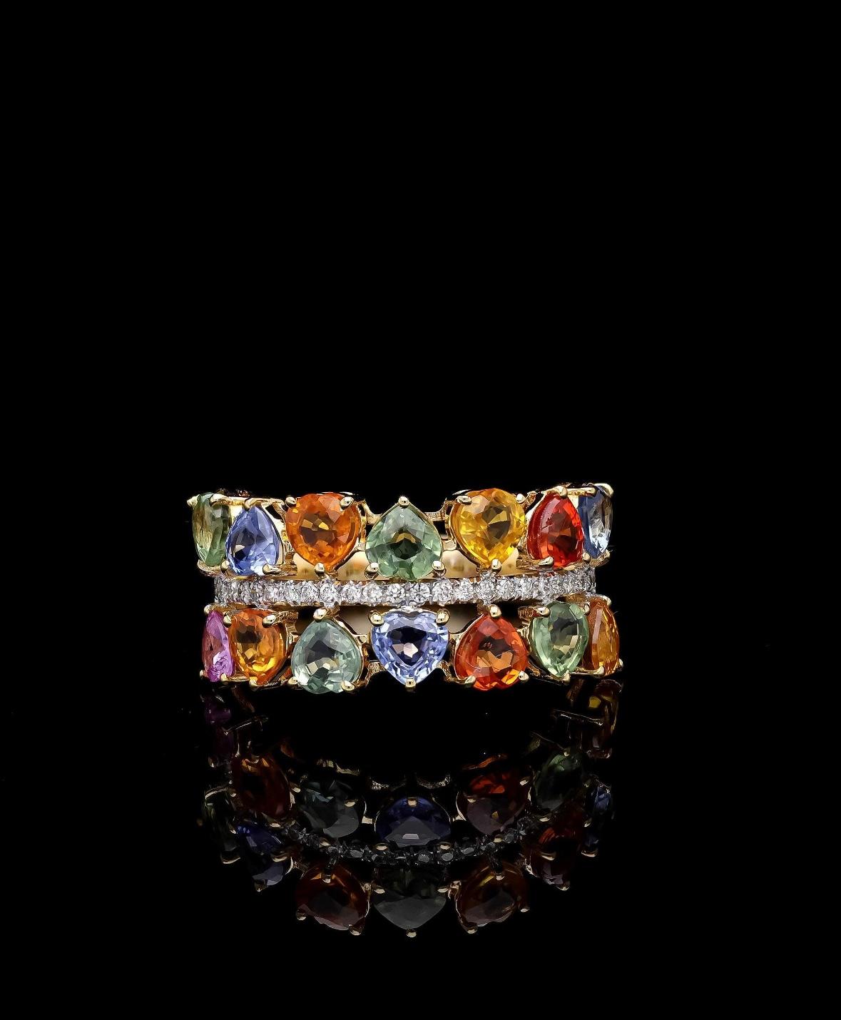 Women's Natural Herart cut rainbow sapphire & diamond ring in 18k gold