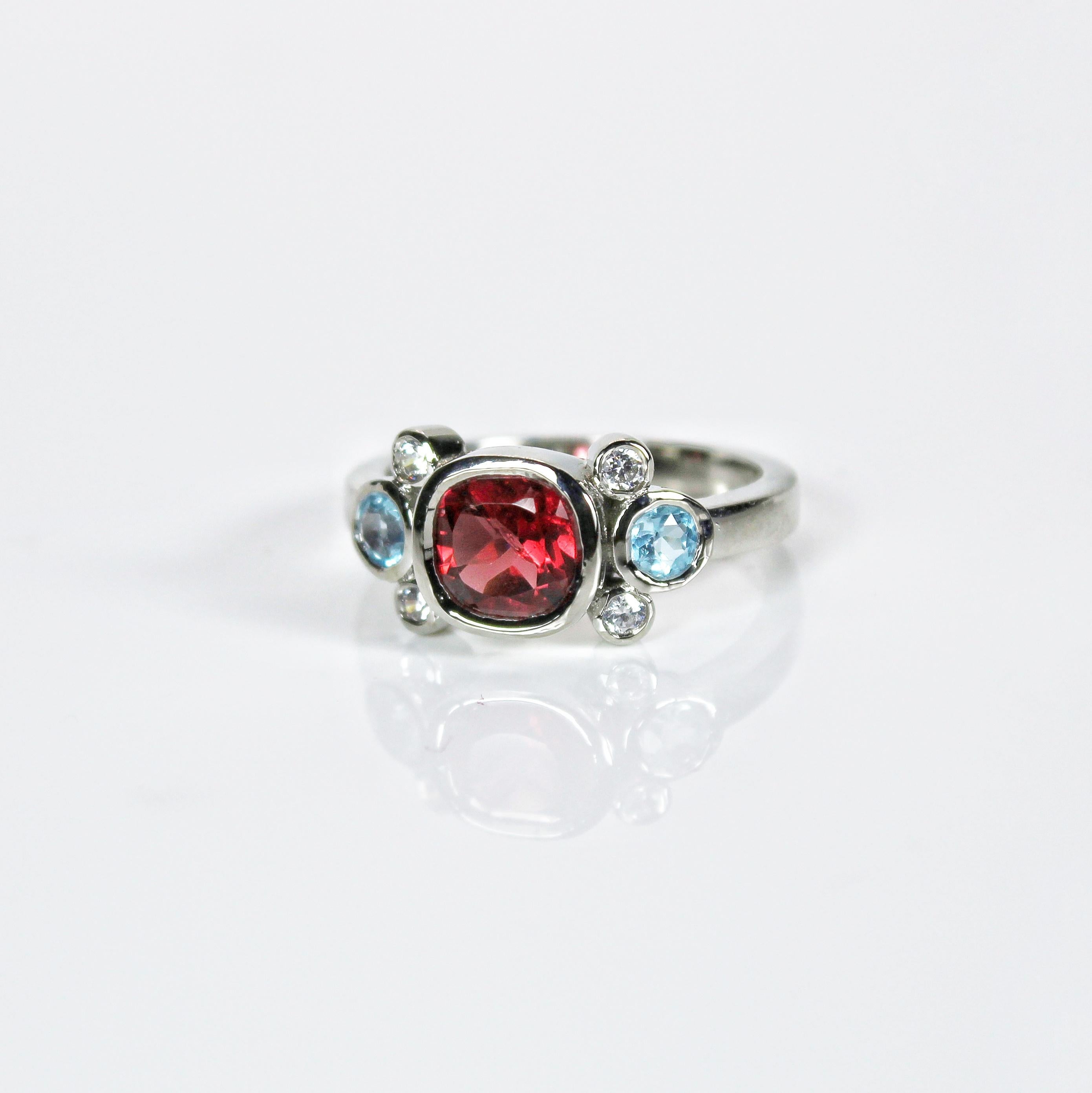 Cushion Cut Natural Hessonite Garnet & Blue Topaz Ring For Sale