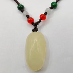 Natural Hetian White Jade 和田白玉 God of Longevity 寿星公 Pendant with Beads on Cord