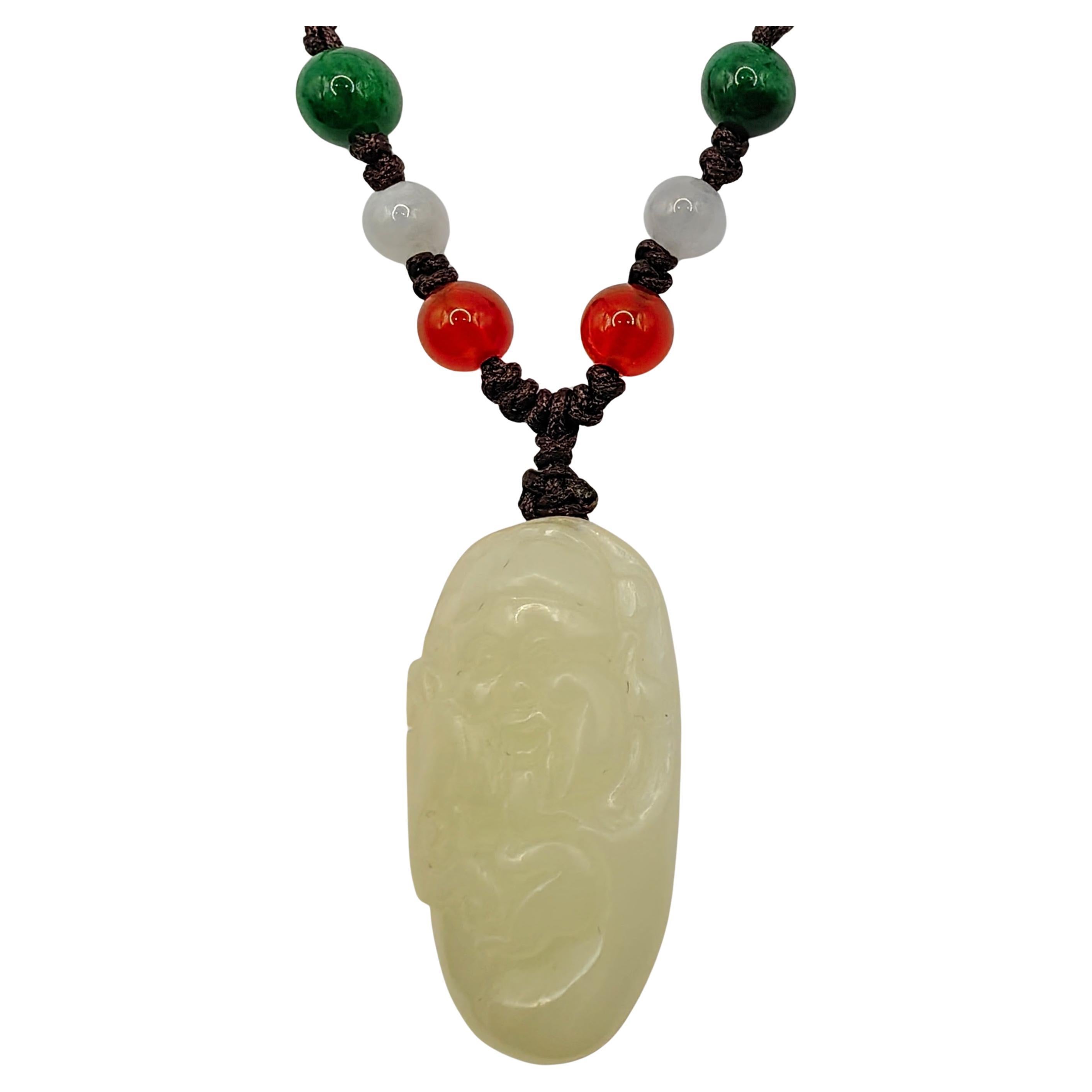 Ciondolo di giada bianca Hetian naturale 和田白玉 Dio della Longevità 寿星公 con perline su Corde