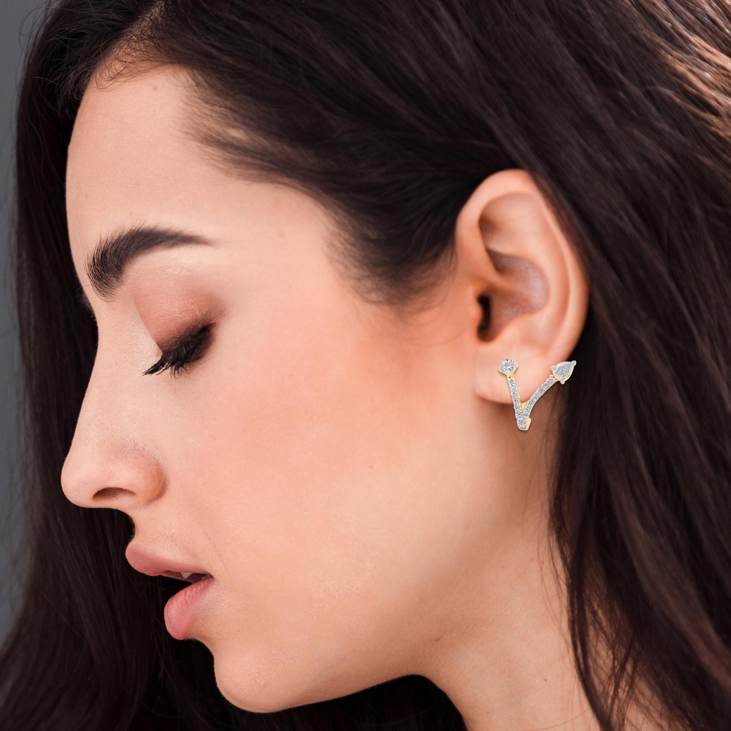 Modern Natural HI/SI Pave Diamond V Shape Stud Earrings 14 Karat Yellow Gold Jewelry For Sale