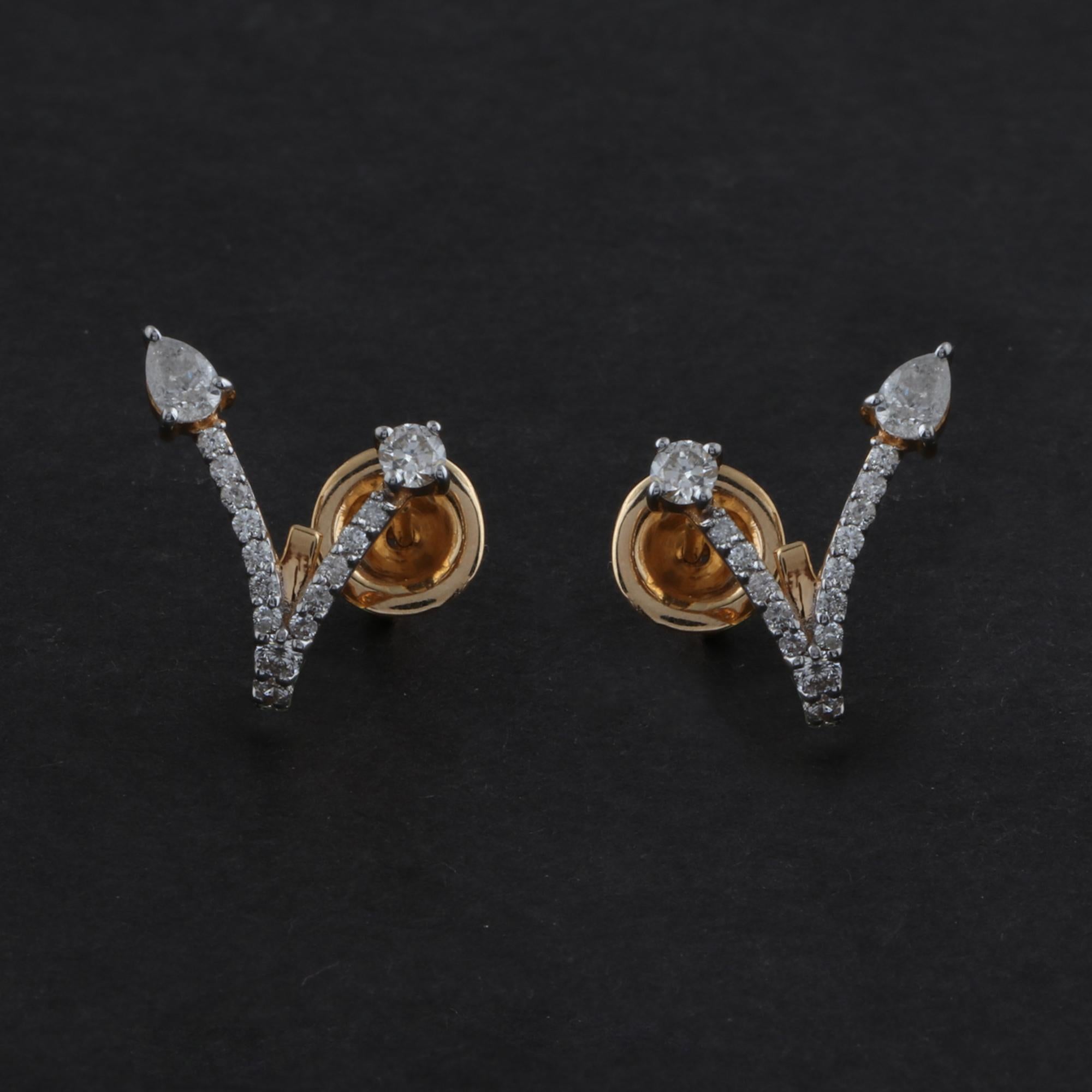Pear Cut Natural HI/SI Pave Diamond V Shape Stud Earrings 14 Karat Yellow Gold Jewelry For Sale