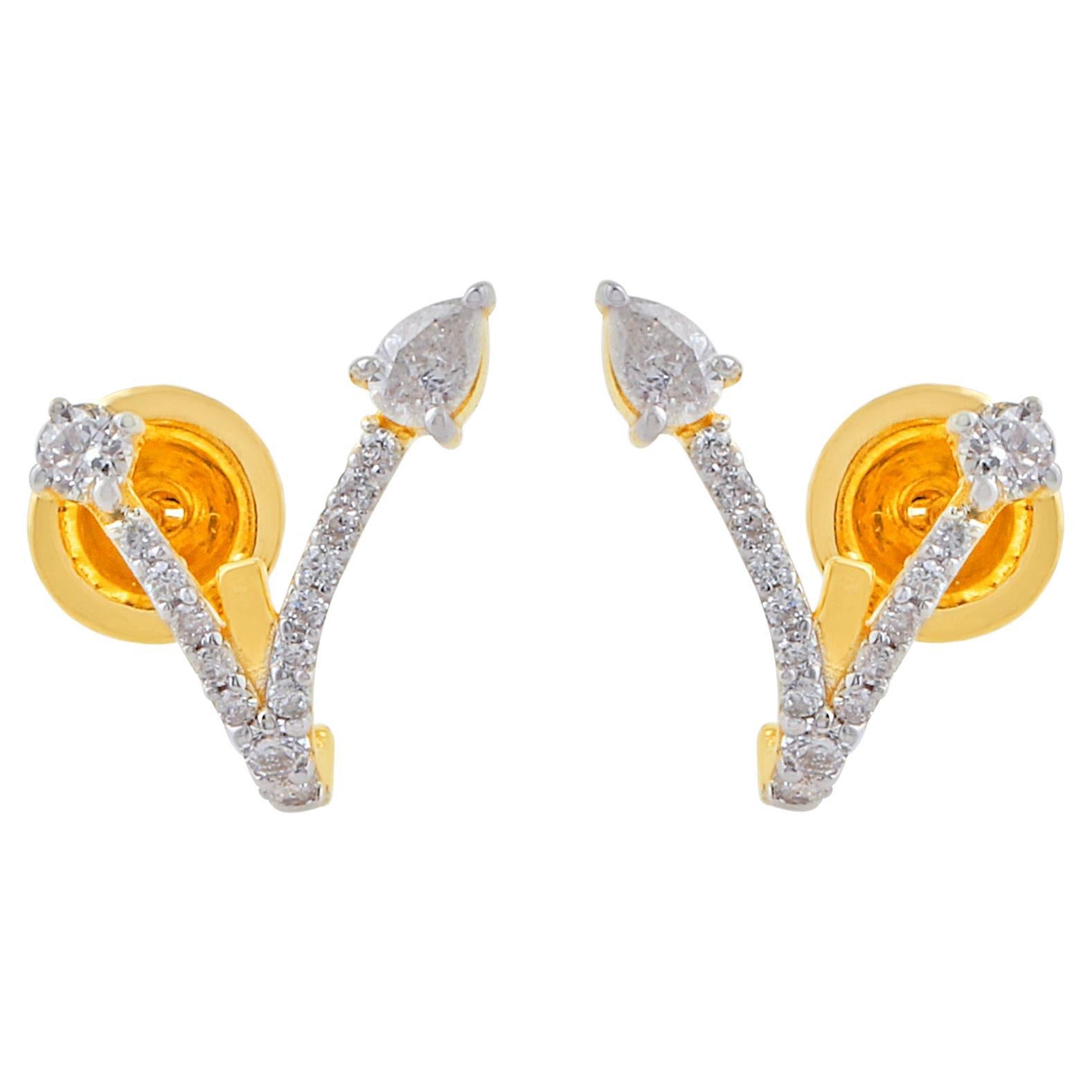 Natural HI/SI Pave Diamond V Shape Stud Earrings 14 Karat Yellow Gold Jewelry