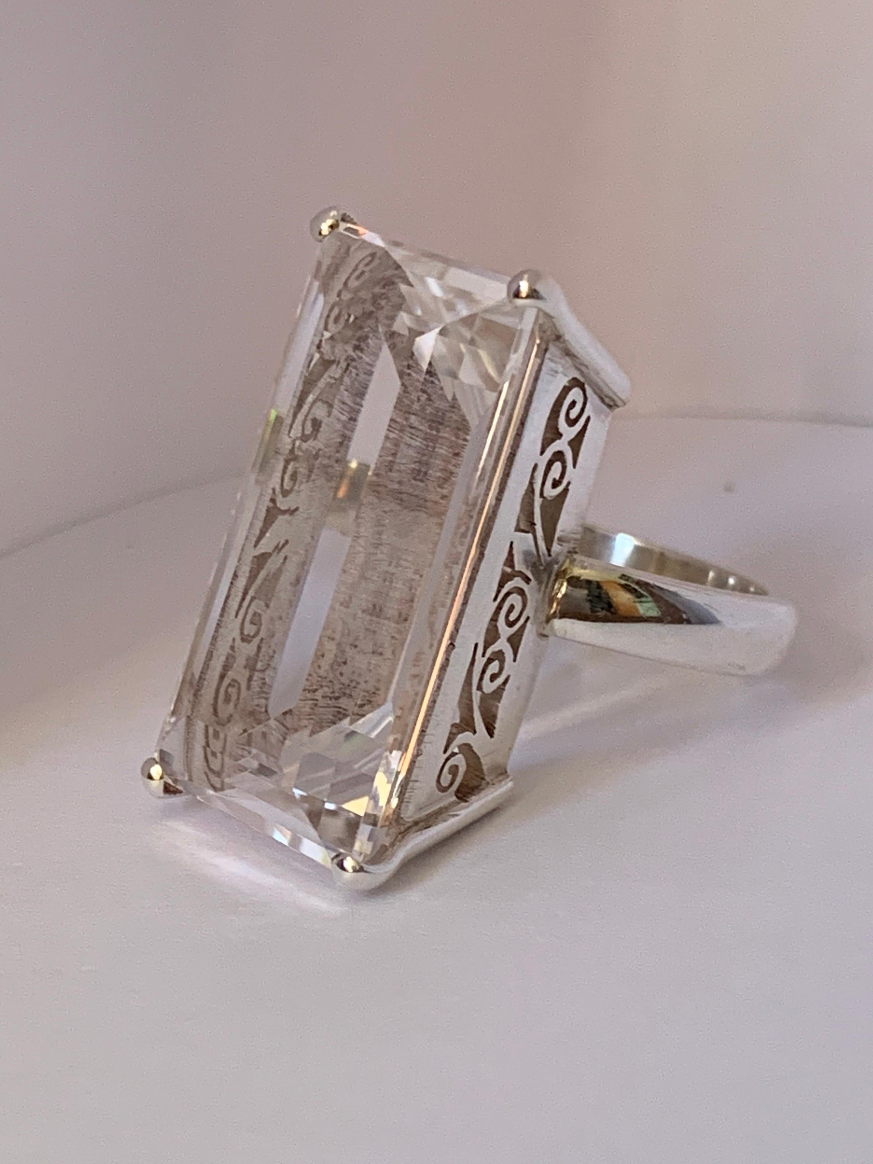 One of a kind handcrafted Ring with natural Rectangular Rock crystal measuring 12.5 mm X 26.5 mm Ring is set in 925 sterling silver. The Crystal is very clean no inclusion. The Size of the ring is 7.5 and can be resized if needed.