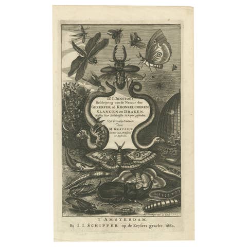 Natural History Title Page, Insects & Serpents, Jan Jonston, Amsterdam 1660