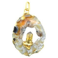Natural Honey Agate & Golden Quartz Crystal Gold-Plated Edge Necklace Pendant
