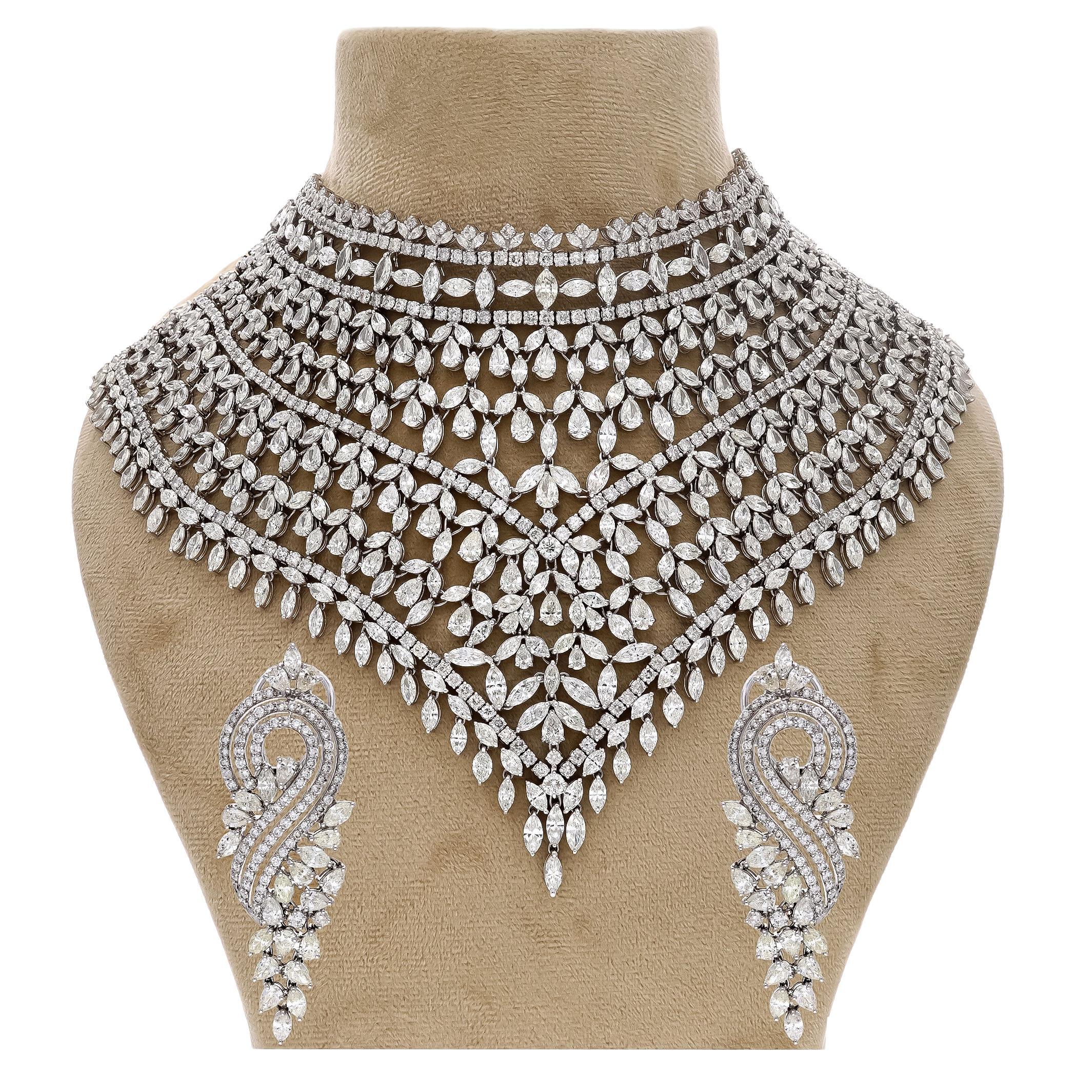 This is an amazing necklace set with 

Diamonds : 135.87 carats


Gold : 208.806 gms



This is the best necklace of our inventory. it gives a grand look and fitting is very flexible. it can fit any neck. 

pears and diamonds  are 20 to 30 pointers