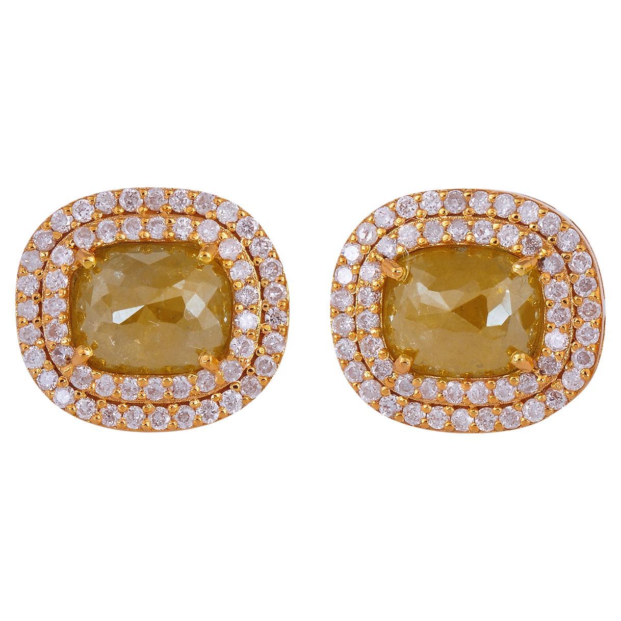 Natural Ice Diamond Cushion Studs in 18K Yellow Gold