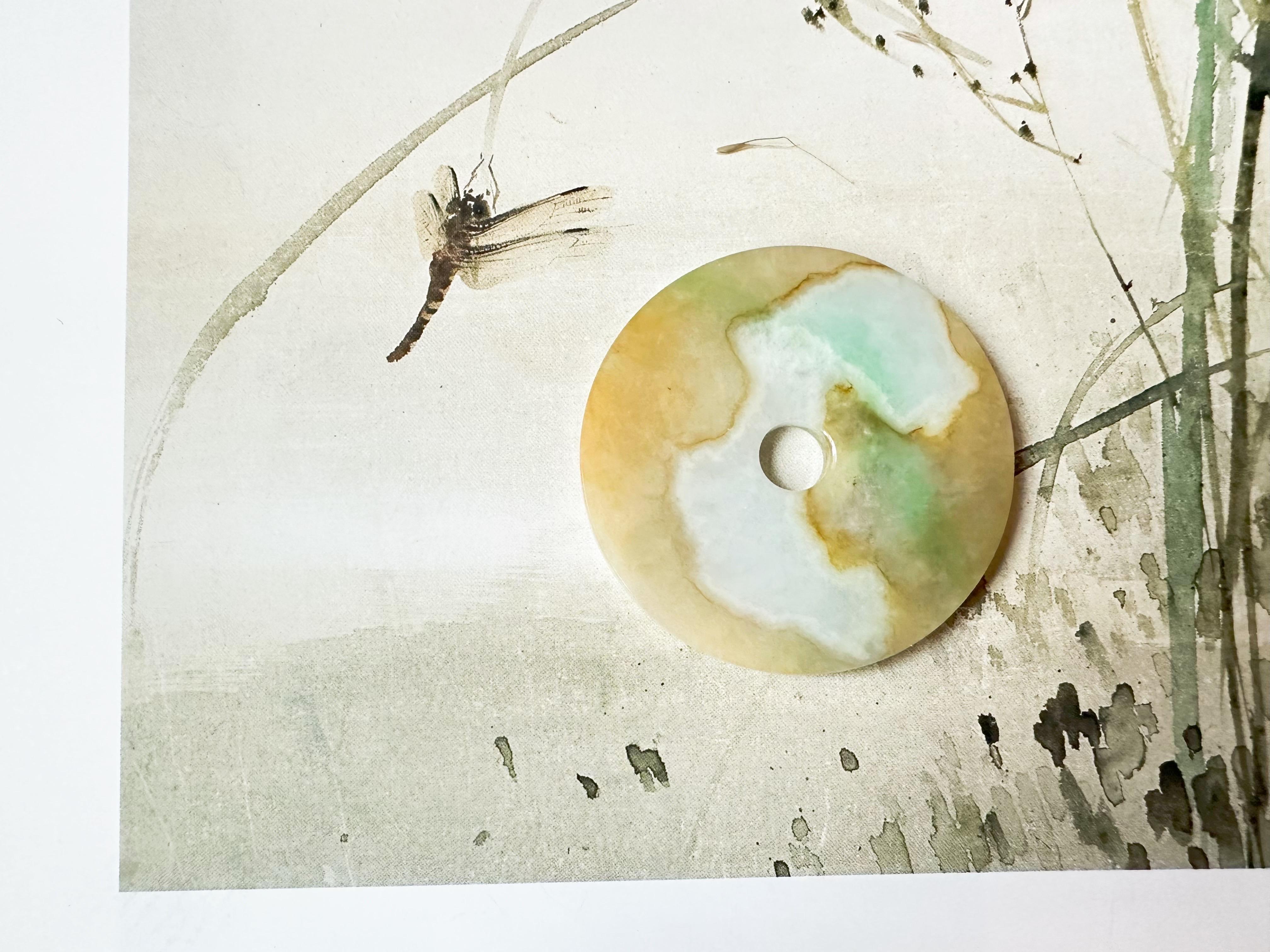 Pietra naturale di giada allentata a forma di ciambella Tricolore verde, giallo, bianco e aureola. in vendita 4