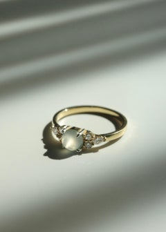 Natural icy White Jade and Diamond Unique Engagement Ring in 14K Solid Gold