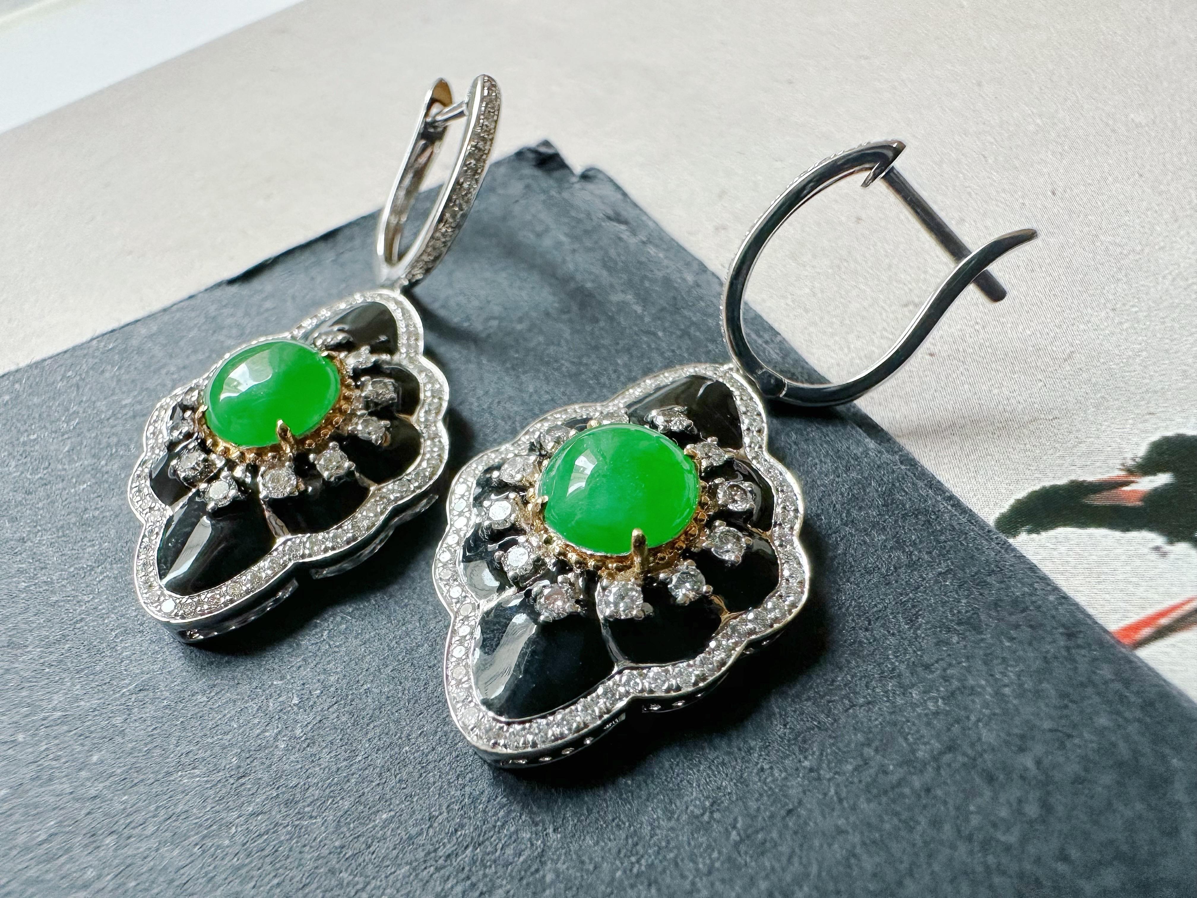 Natural Imperial Green Jade Cabochon Earrings in 18K Gold, Diamond & Black Agate For Sale 6