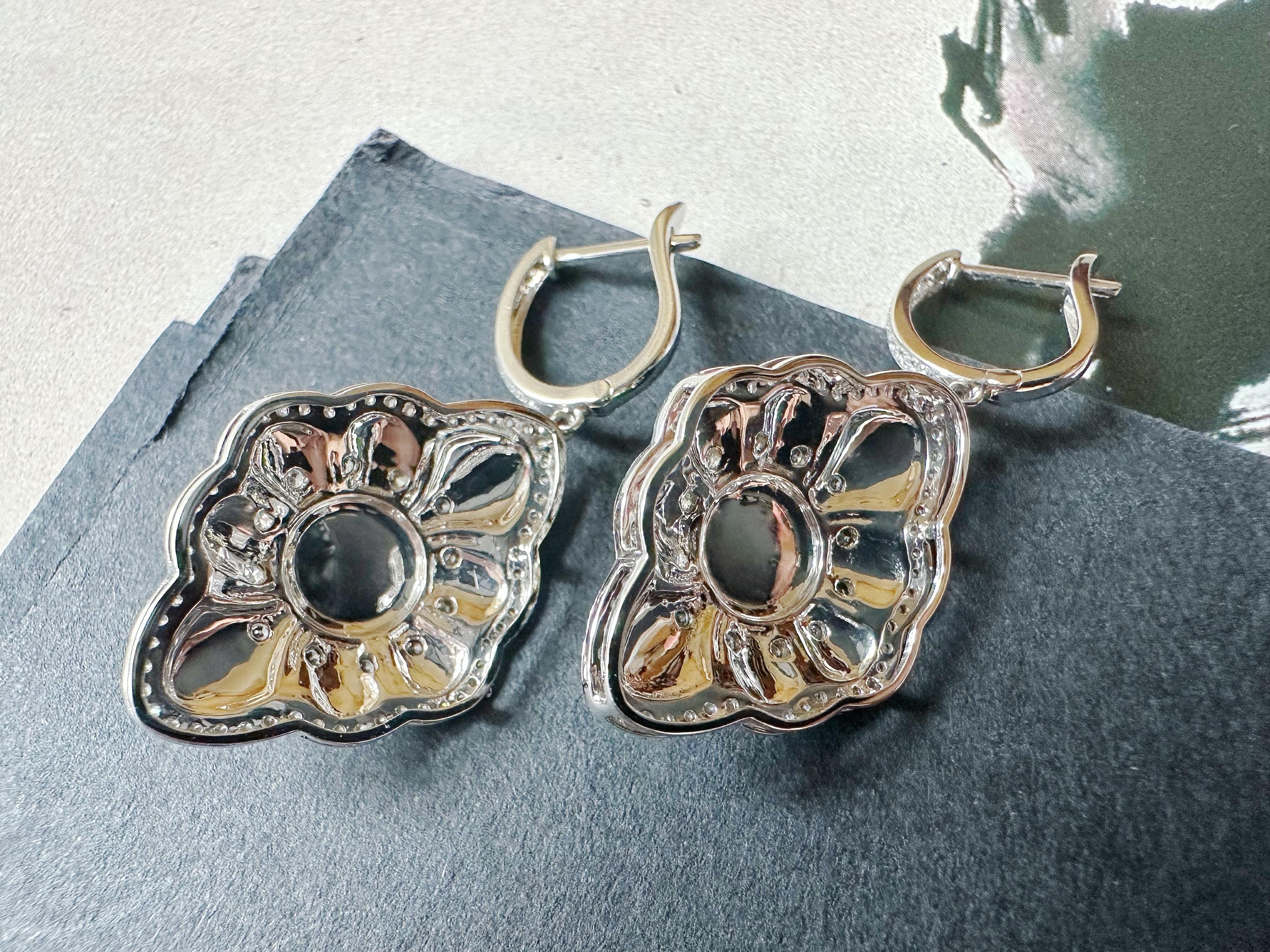 Natural Imperial Green Jade Cabochon Earrings in 18K Gold, Diamond & Black Agate For Sale 9