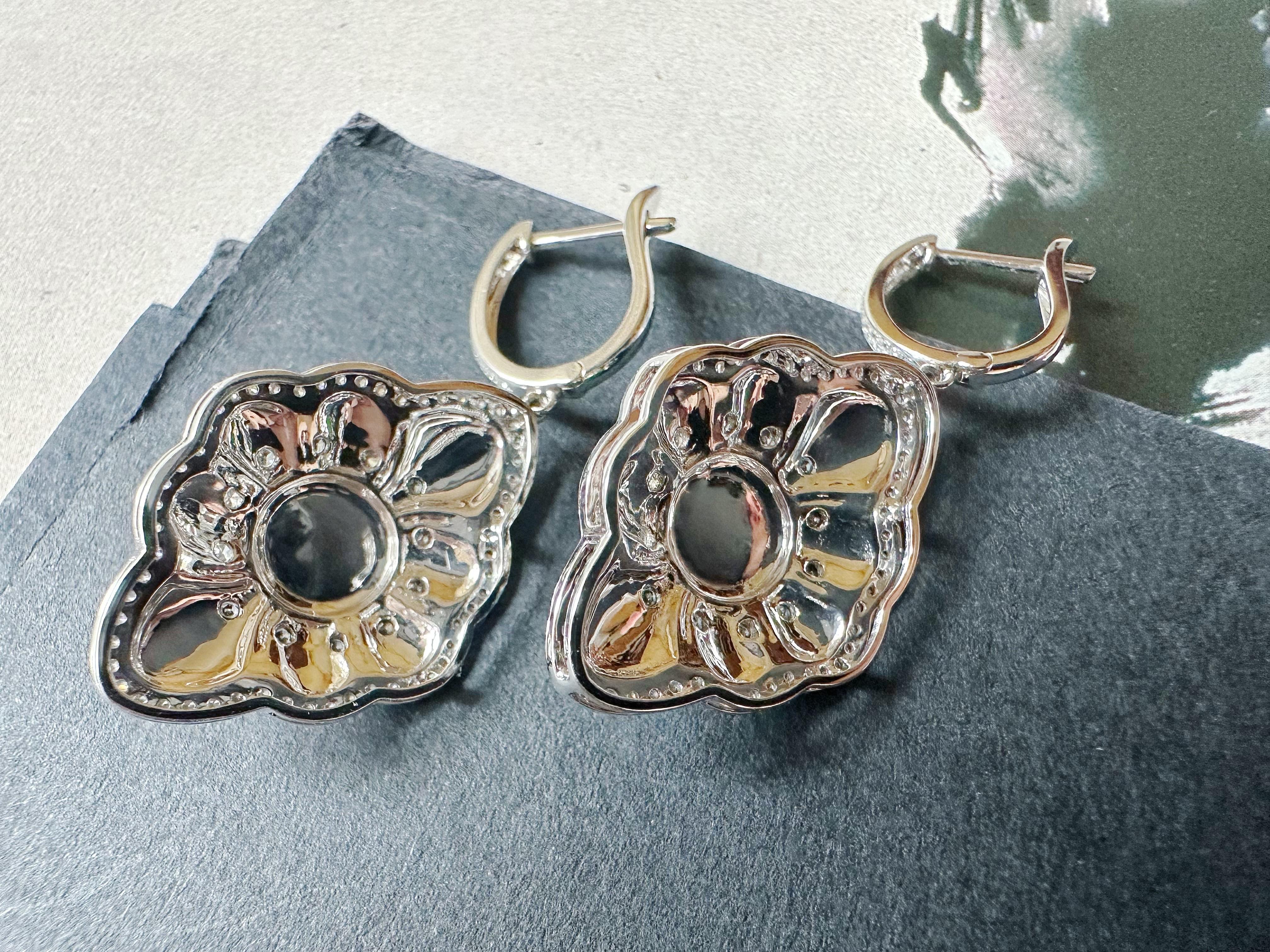 Natural Imperial Green Jade Cabochon Earrings in 18K Gold, Diamond & Black Agate For Sale 10
