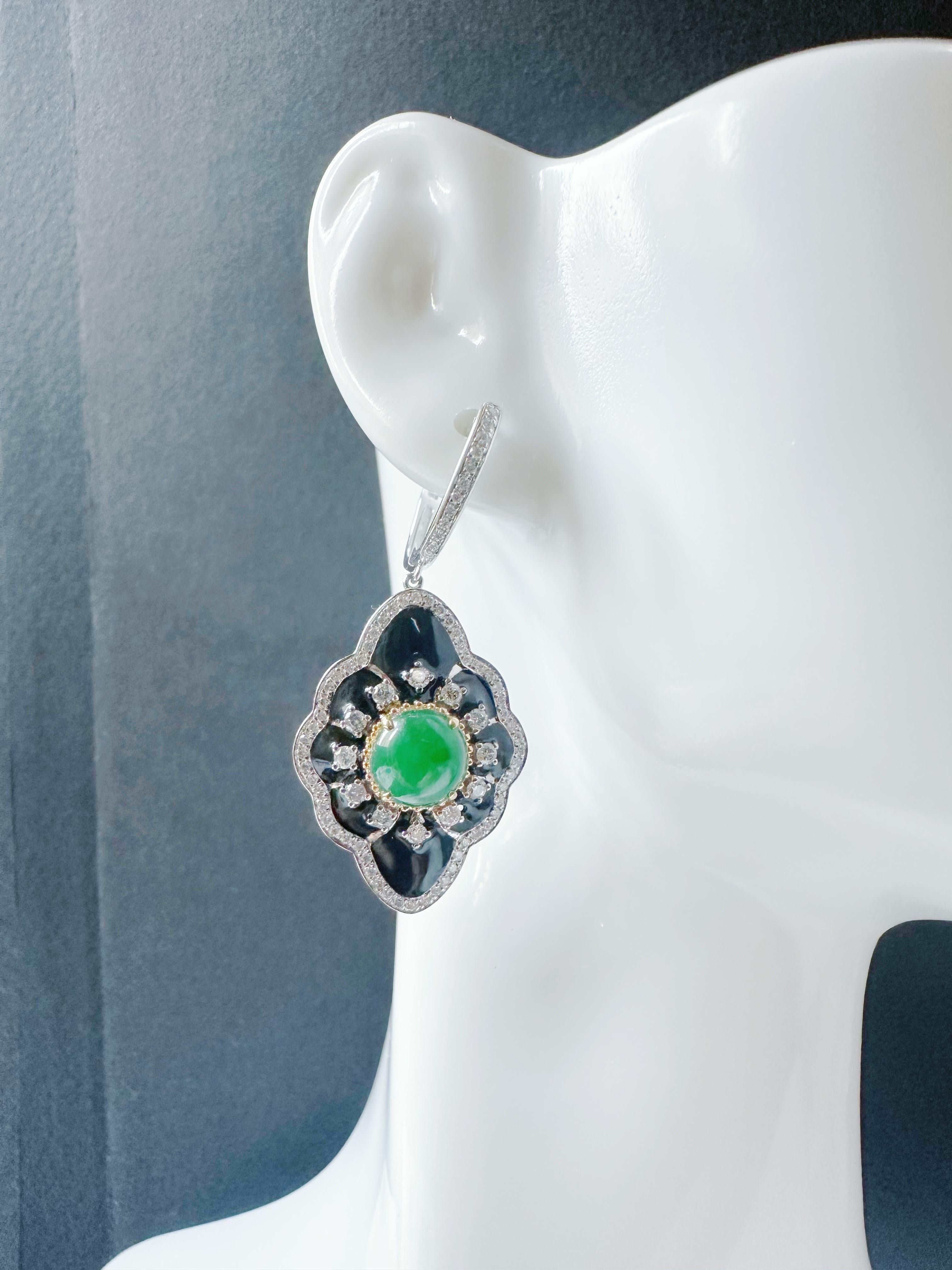 Natural Imperial Green Jade Cabochon Earrings in 18K Gold, Diamond & Black Agate For Sale 13