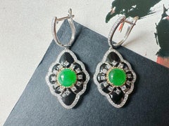 Natural Imperial Green Jade Cabochon Earrings in 18K Gold, Diamond & Black Agate