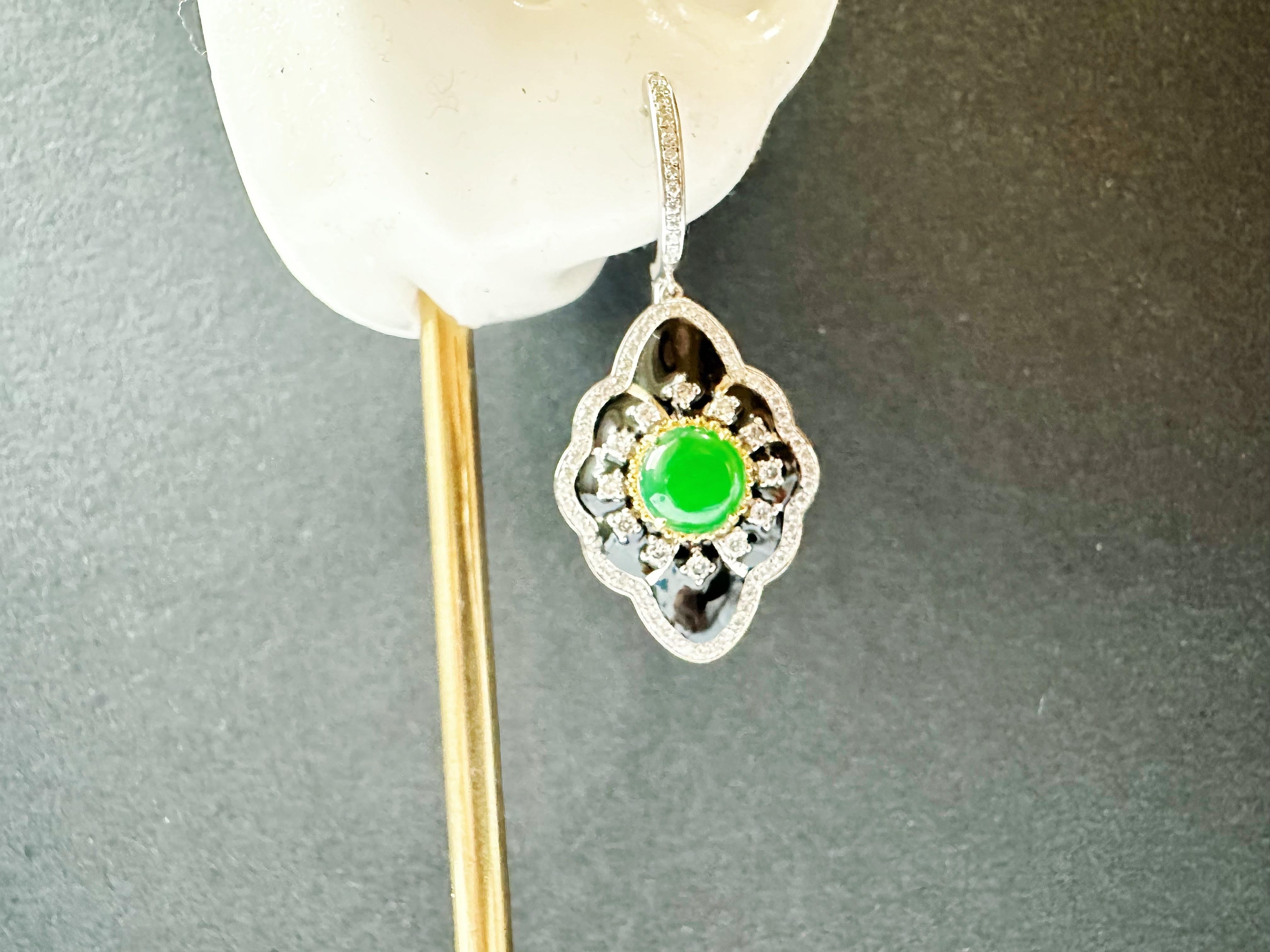 Natural Imperial Green Jade Cabochon Earrings in 18K Gold, Diamond & Black Agate For Sale 14