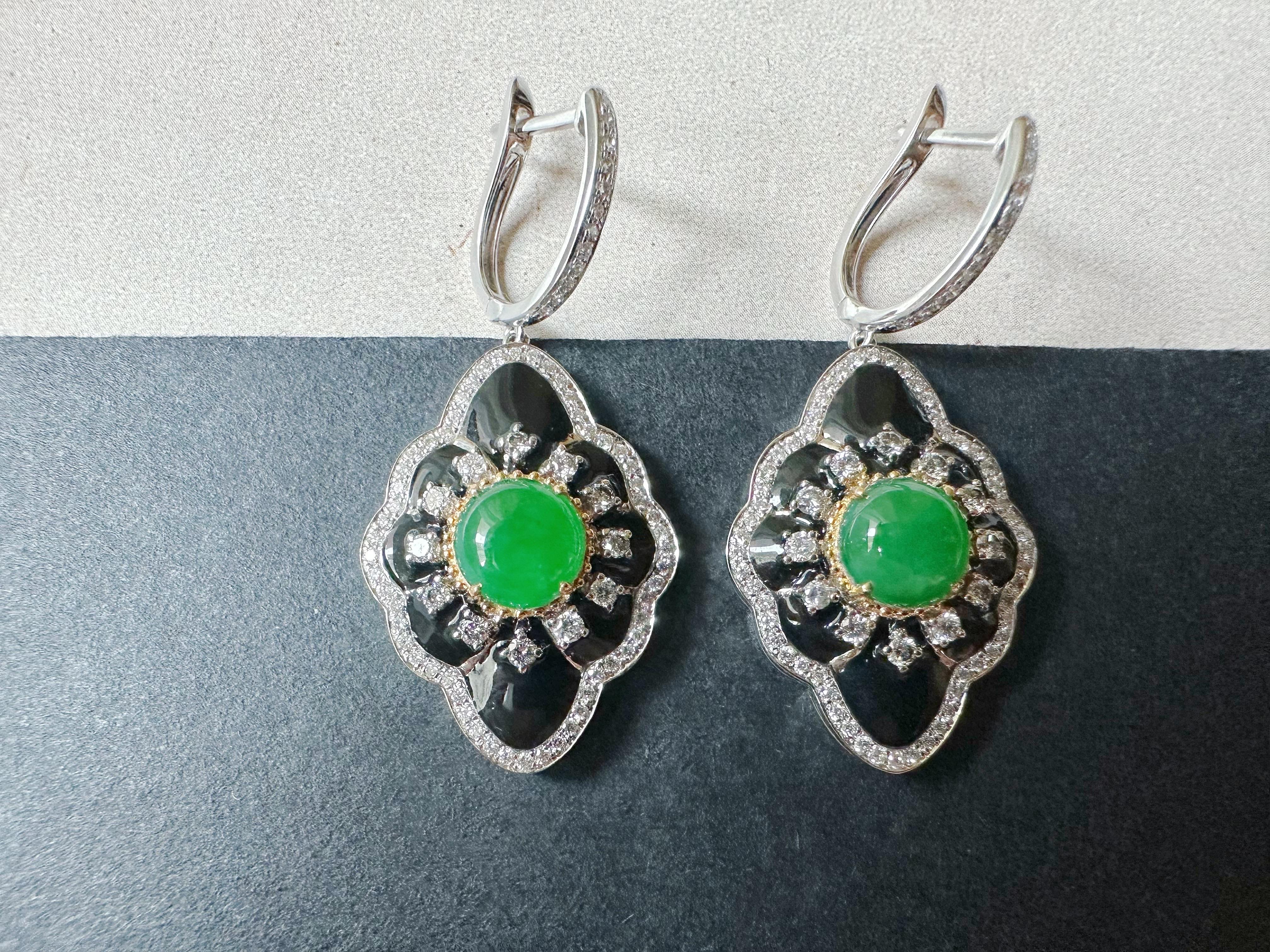 Art Deco Natural Imperial Green Jade Cabochon Earrings in 18K Gold, Diamond & Black Agate For Sale
