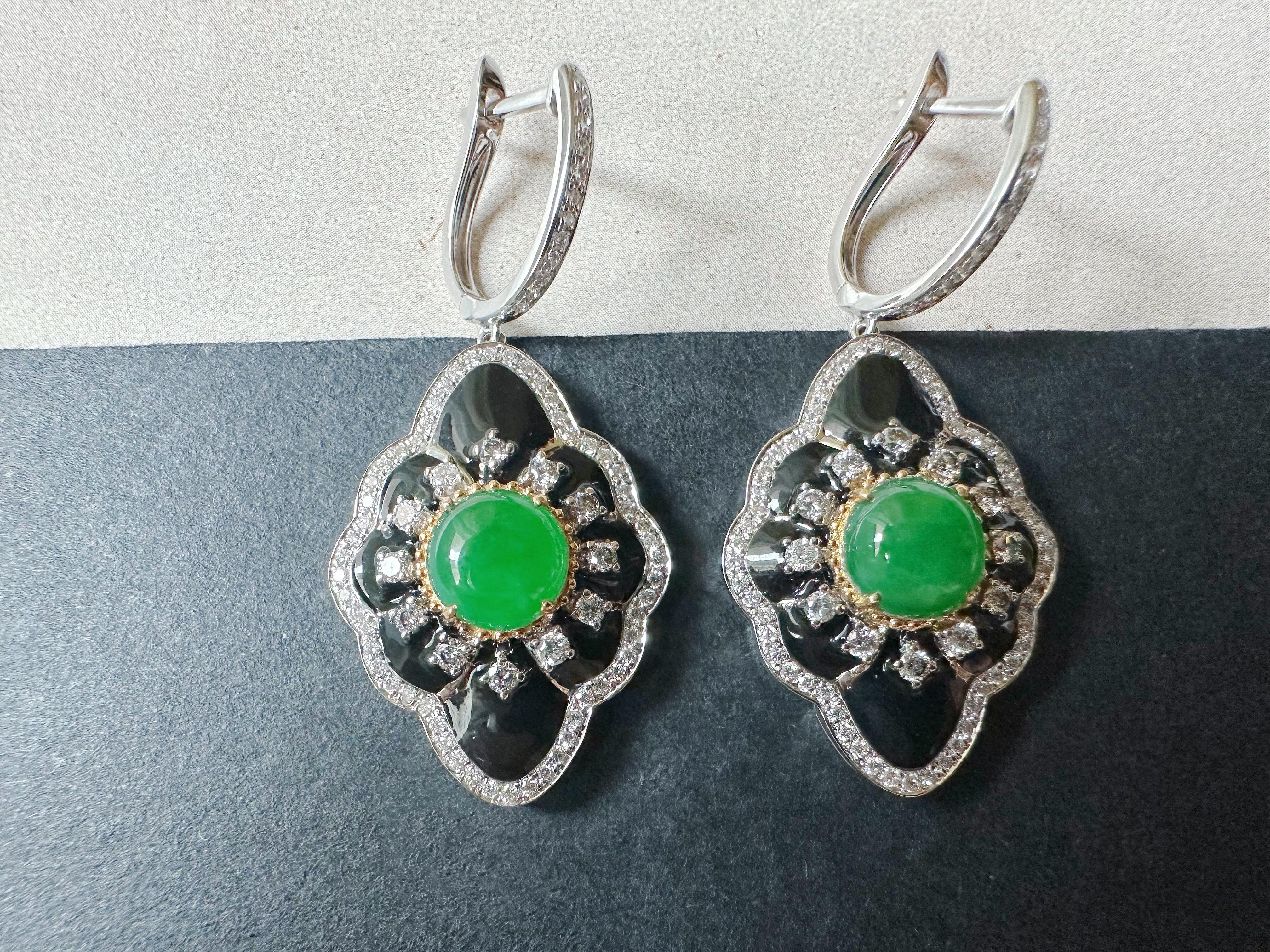Round Cut Natural Imperial Green Jade Cabochon Earrings in 18K Gold, Diamond & Black Agate For Sale