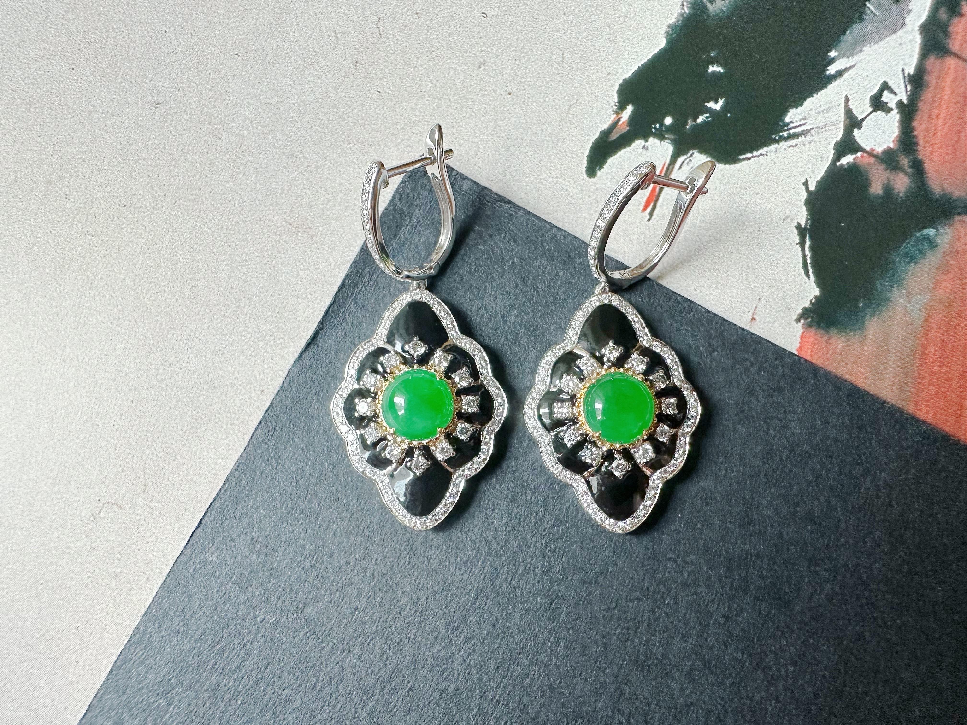Women's or Men's Natural Imperial Green Jade Cabochon Earrings in 18K Gold, Diamond & Black Agate For Sale
