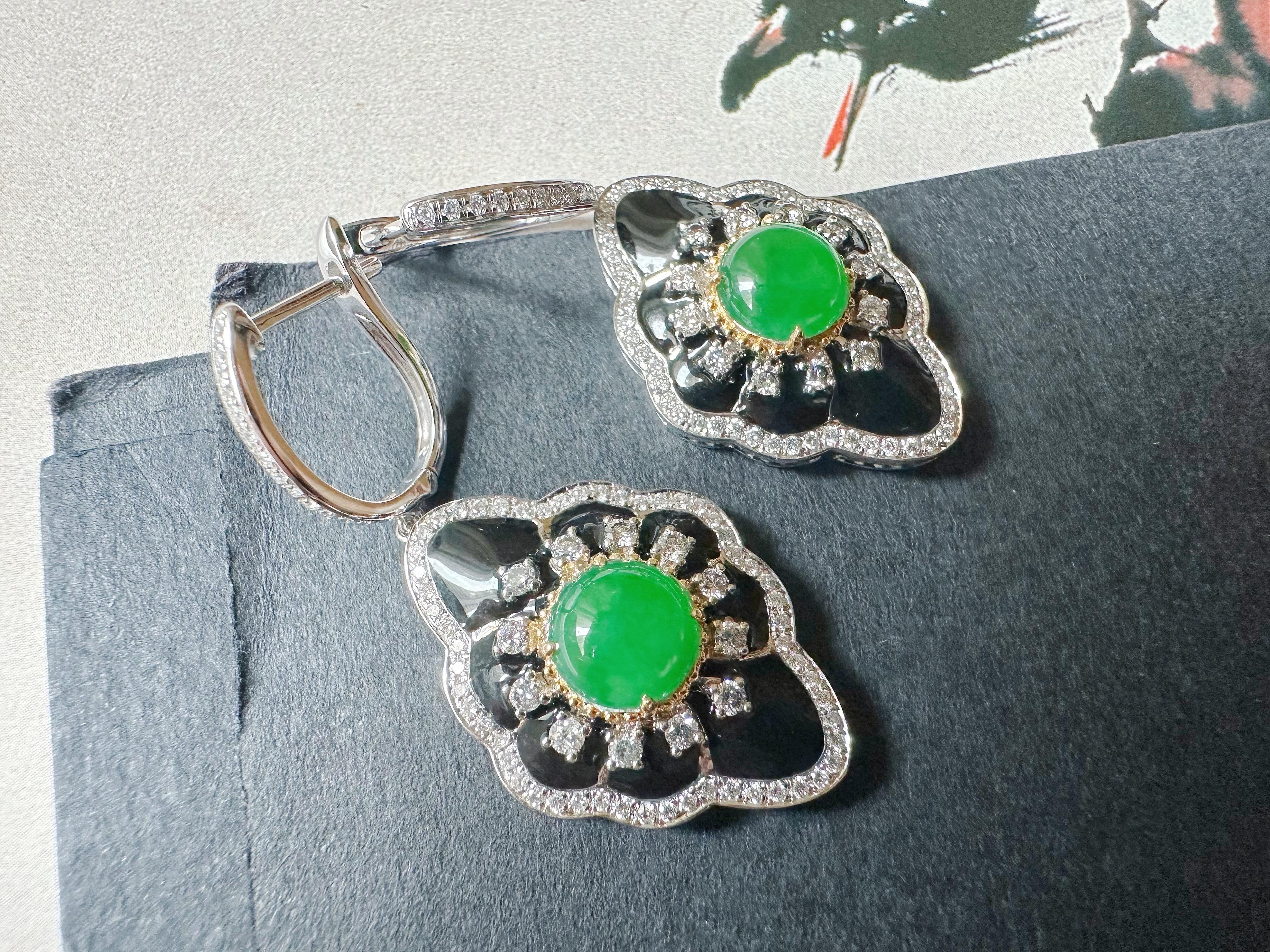 Natural Imperial Green Jade Cabochon Earrings in 18K Gold, Diamond & Black Agate For Sale 1