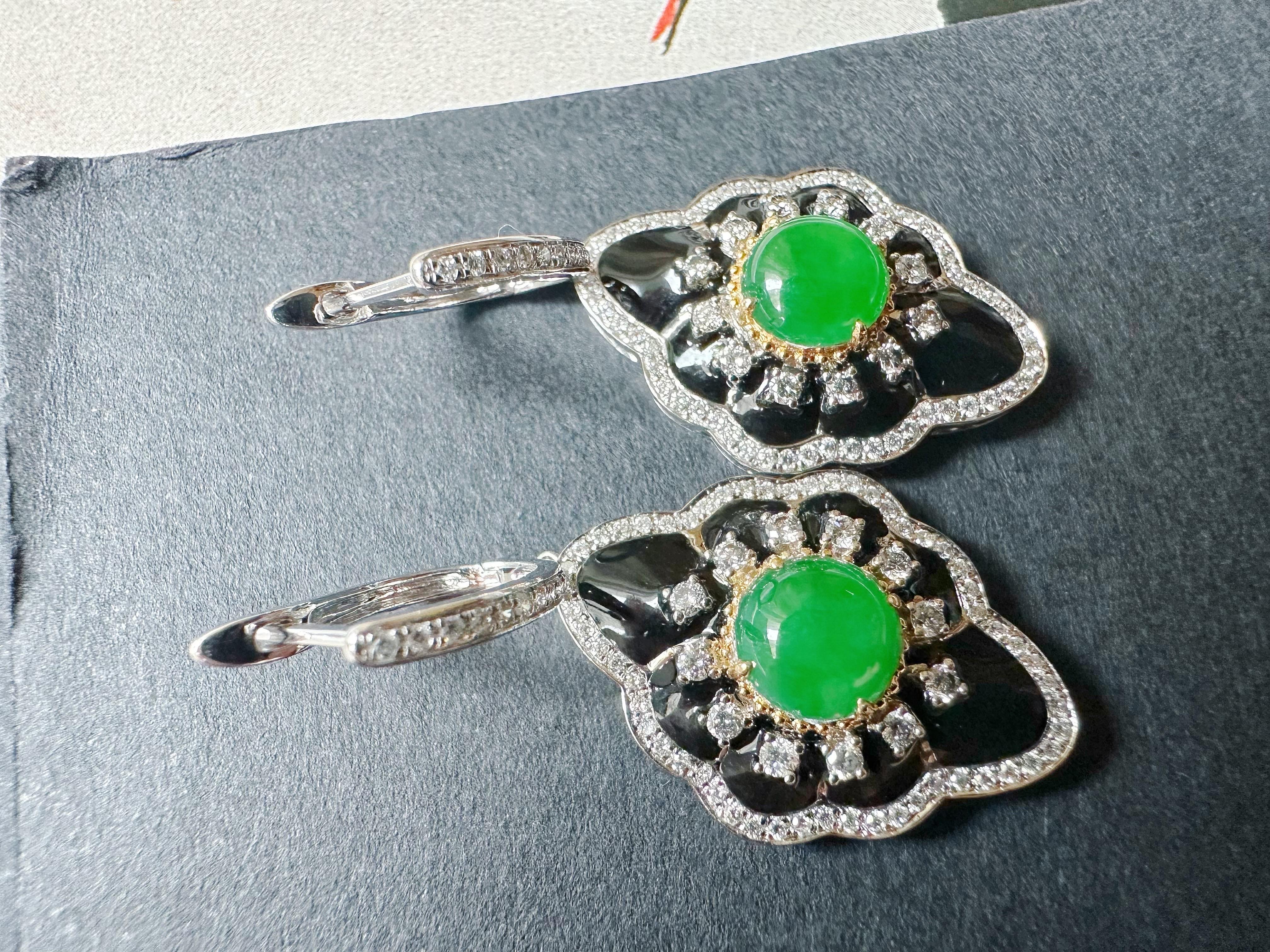 Natural Imperial Green Jade Cabochon Earrings in 18K Gold, Diamond & Black Agate For Sale 3