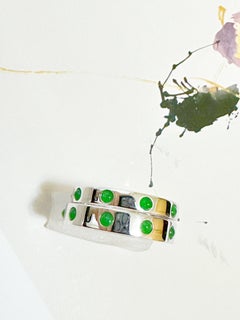 Natural Imperial Green Jadeite Jade Cabochon 18K White Gold Ring