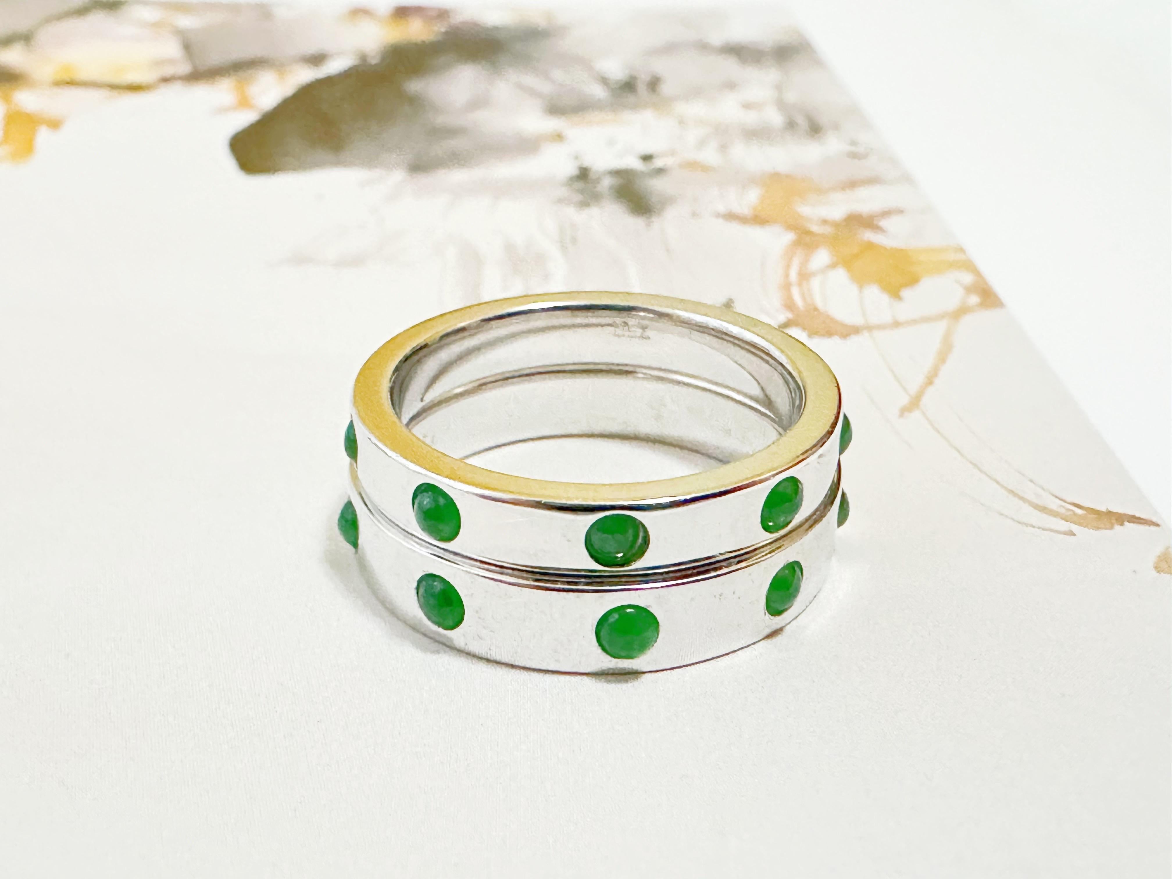 Art Deco Natural Imperial Green Jadeite Jade Cabochon 18K White Gold Ring For Sale