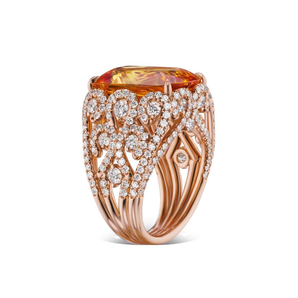 18k Pink Gold 17.24ct Natural Imperial Topaz and 3.23ct Diamond Ring

Rare unheated 17.24 Cts. Imperial Topaz from Brazil, Cushion shape /
Flawless clarity mount in 18K rose gold ring with diamonds
Item: # 03713
Metal: 18k P
Lab: Ugs
Color Weight: