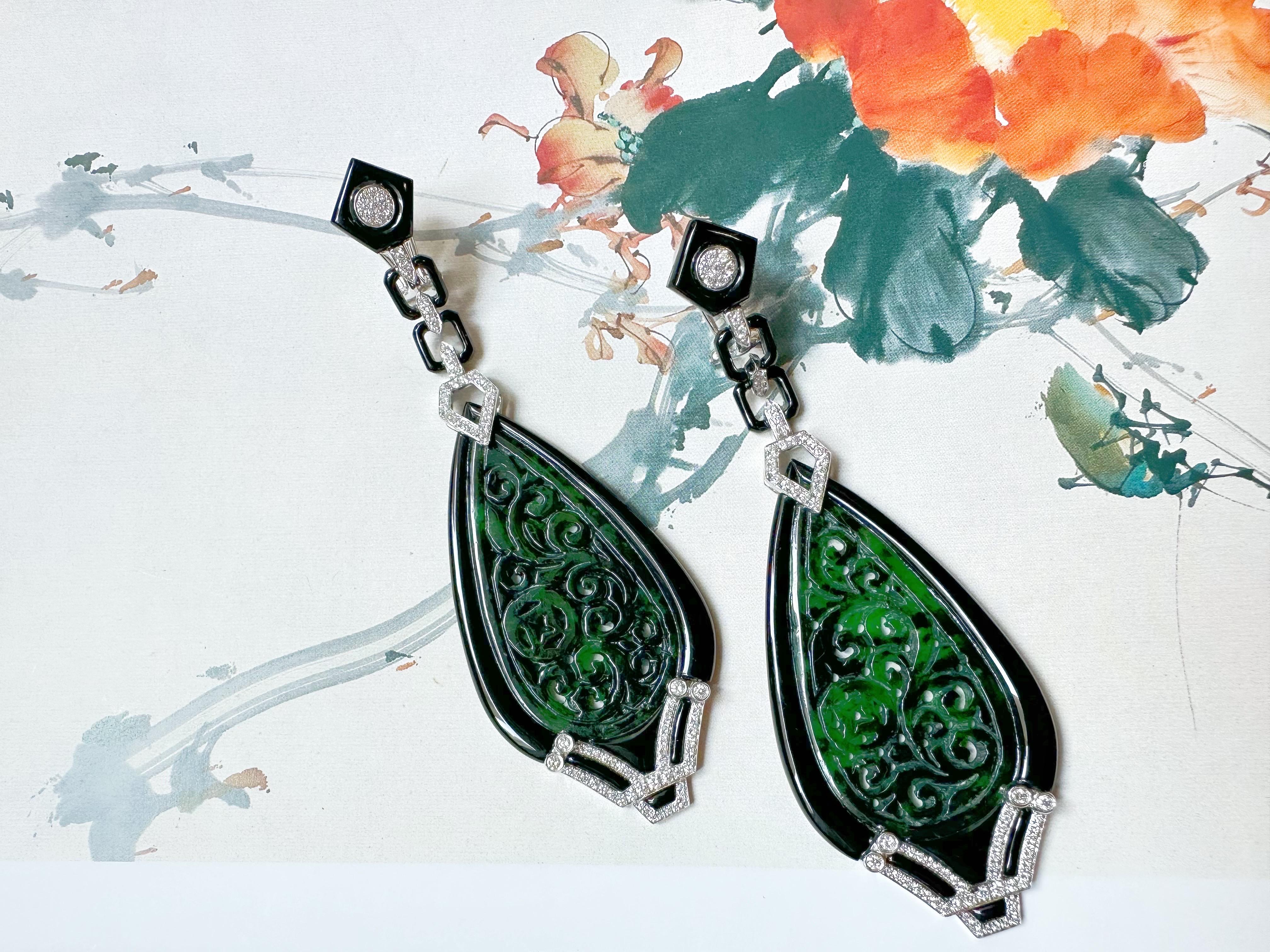 Natural Intense Green Jade Carved Earrings with Black Agate Diamonds 18k Gold For Sale 4