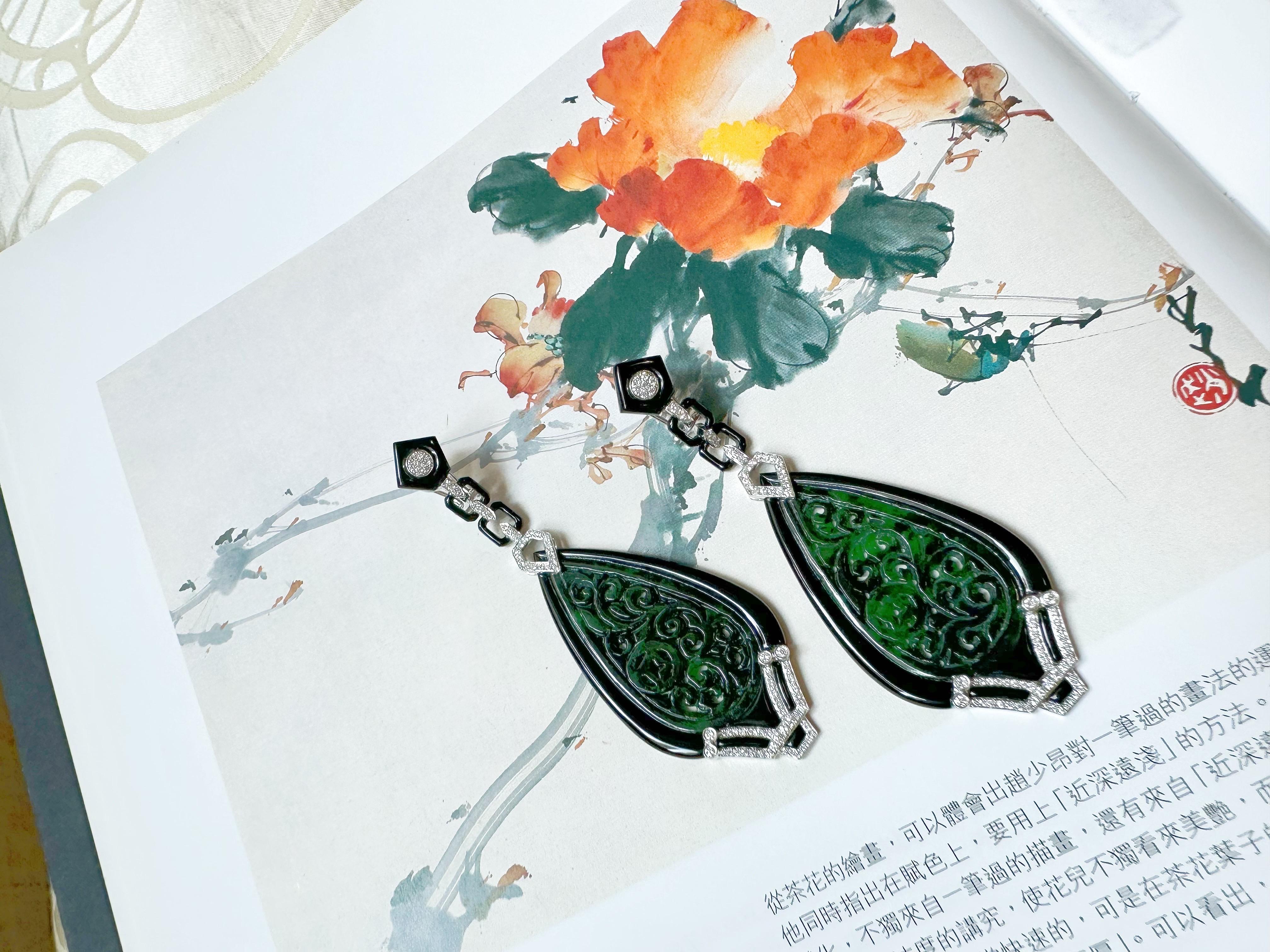 Natural Intense Green Jade Carved Earrings with Black Agate Diamonds 18k Gold For Sale 5