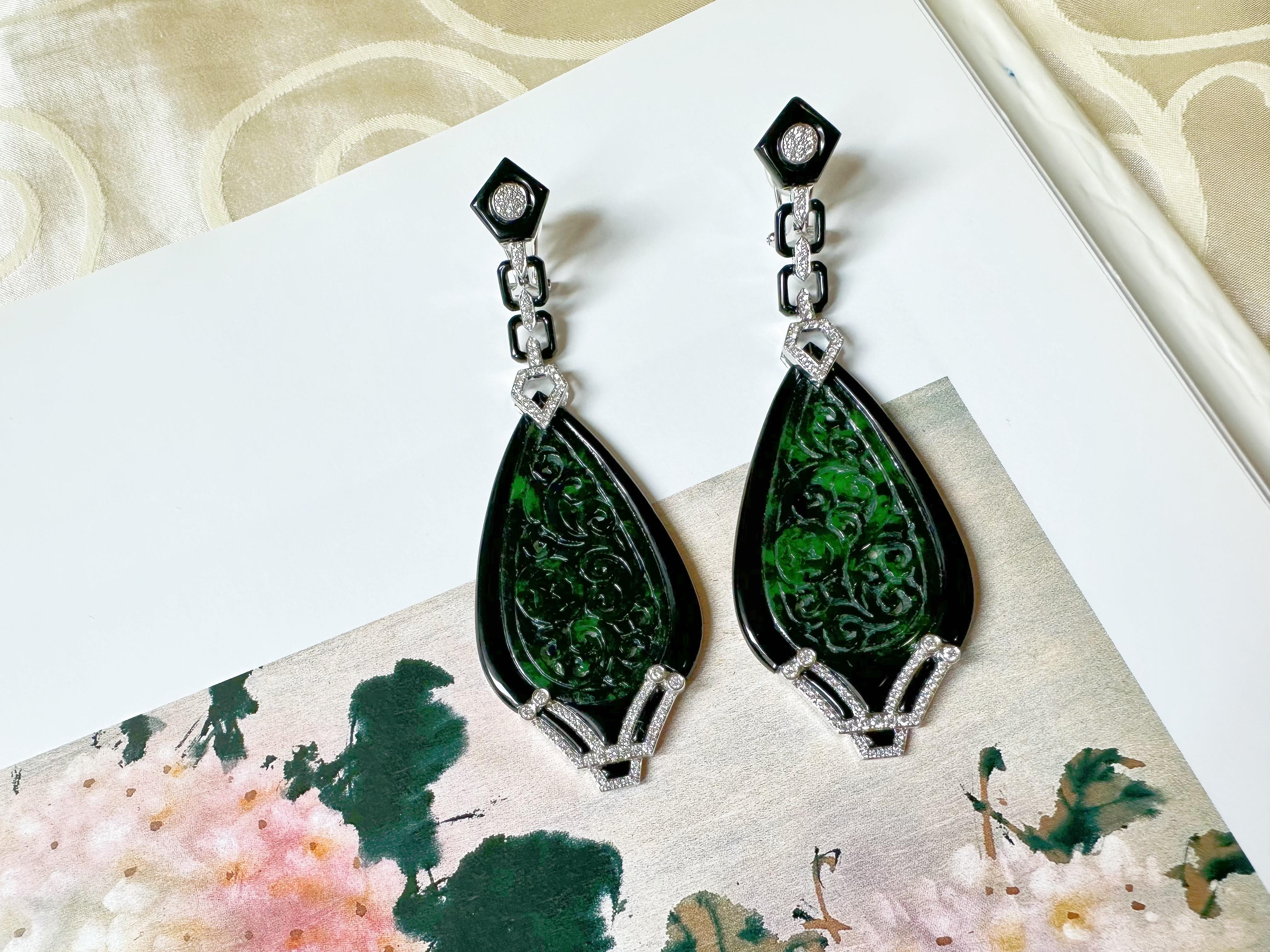 Natural Intense Green Jade Carved Earrings with Black Agate Diamonds 18k Gold For Sale 6