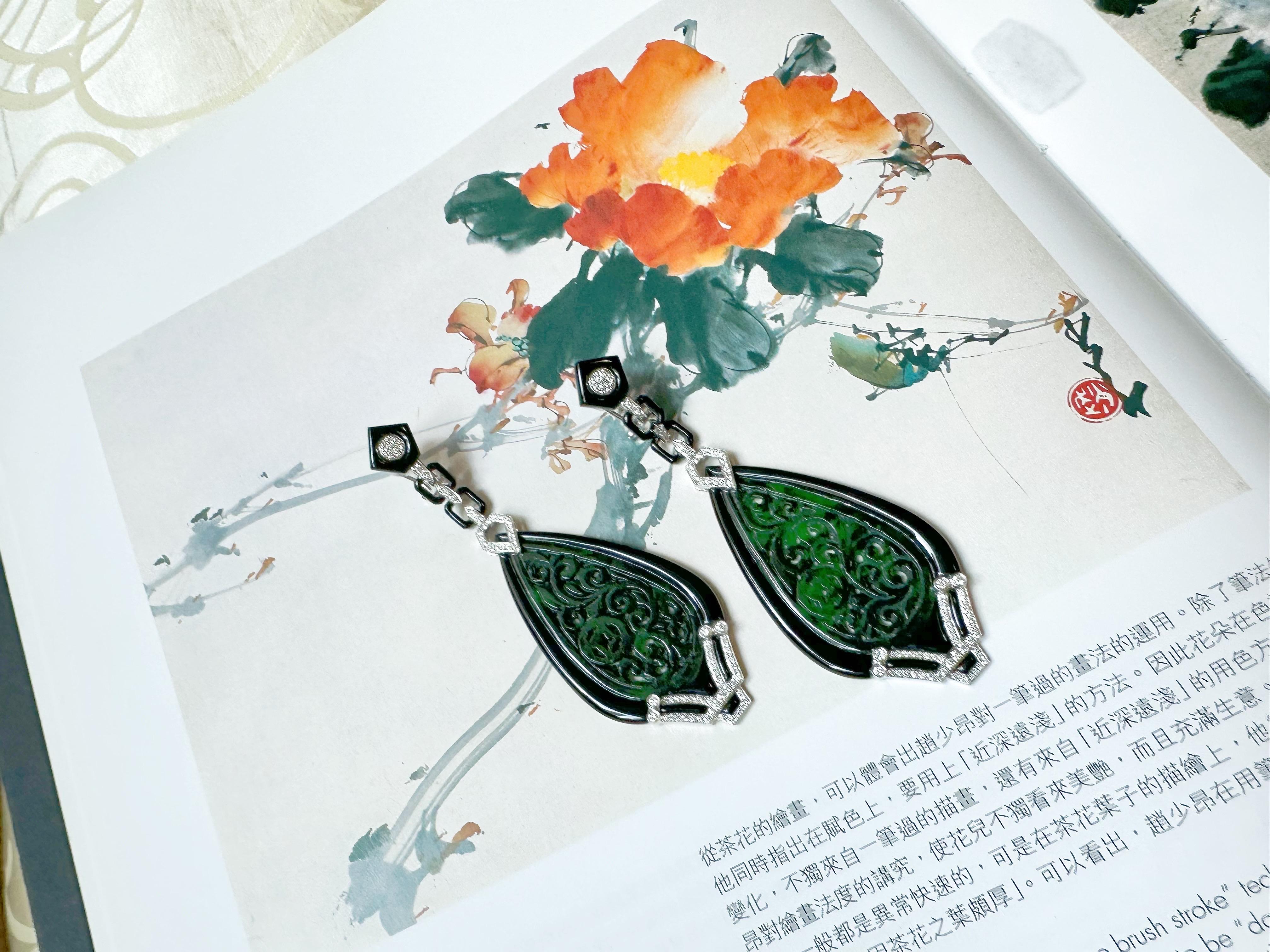 Natural Intense Green Jade Carved Earrings with Black Agate Diamonds 18k Gold For Sale 7