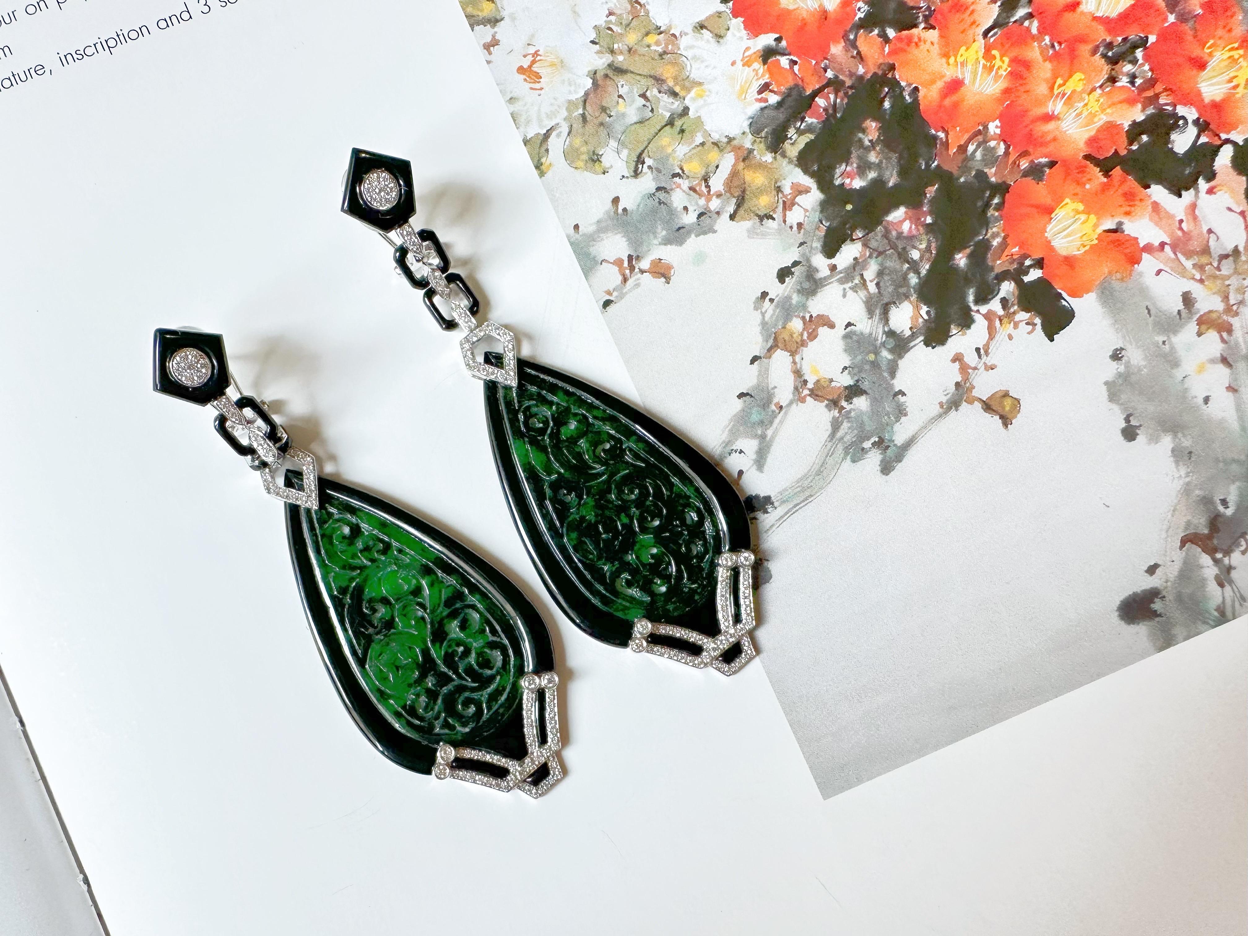 Natural Intense Green Jade Carved Earrings with Black Agate Diamonds 18k Gold For Sale 10