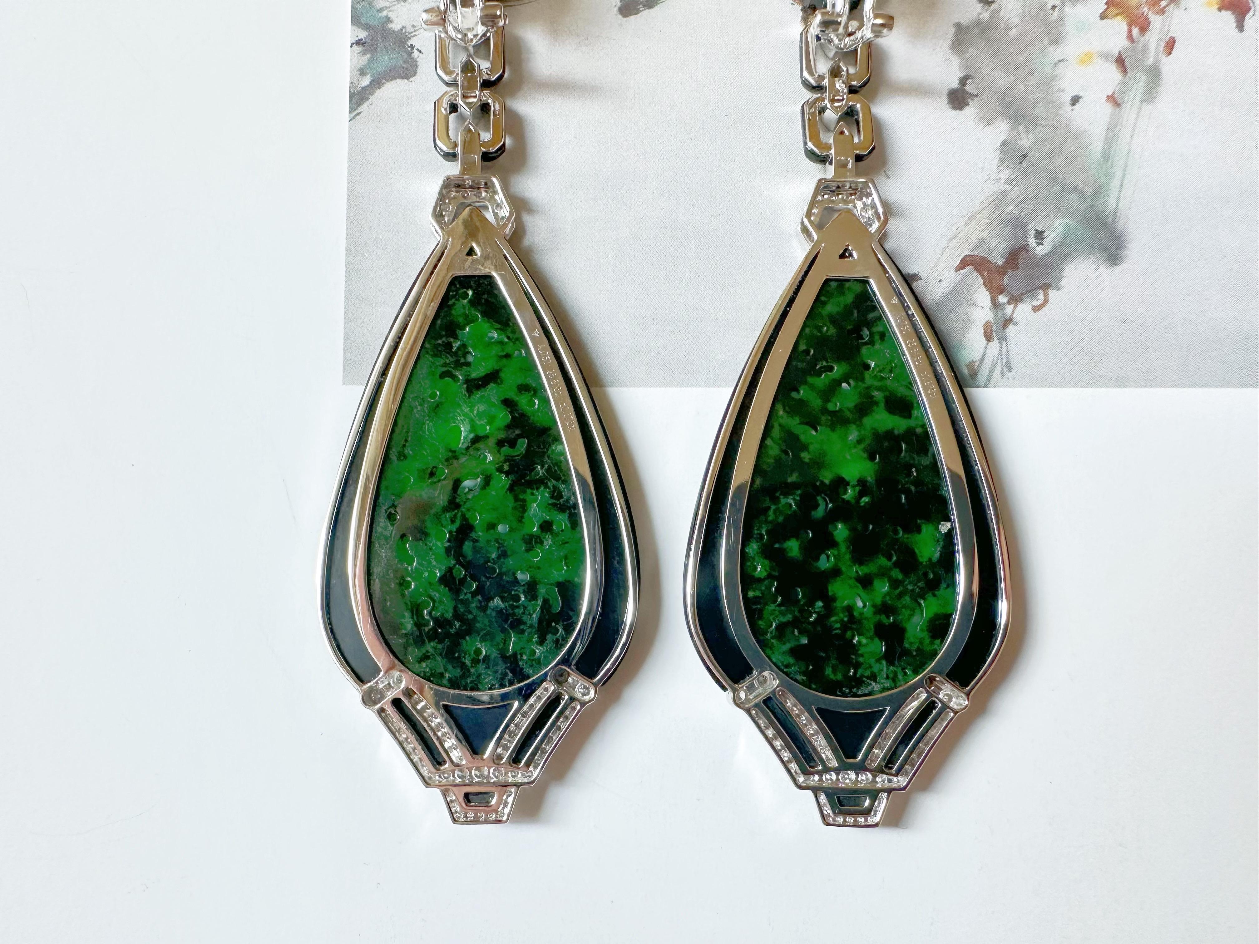 Natural Intense Green Jade Carved Earrings with Black Agate Diamonds 18k Gold For Sale 11