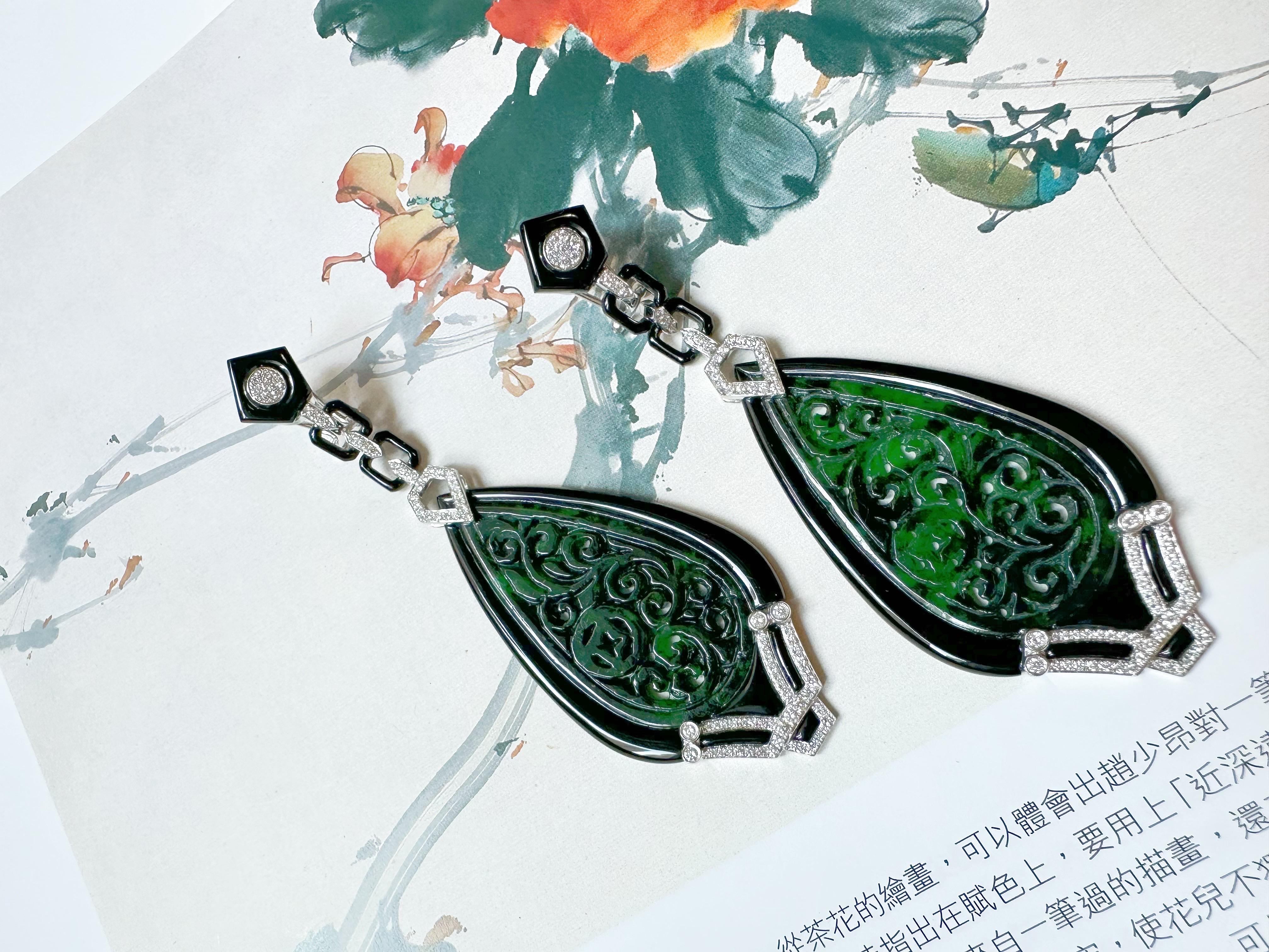 Natural Intense Green Jade Carved Earrings with Black Agate Diamonds 18k Gold For Sale 12