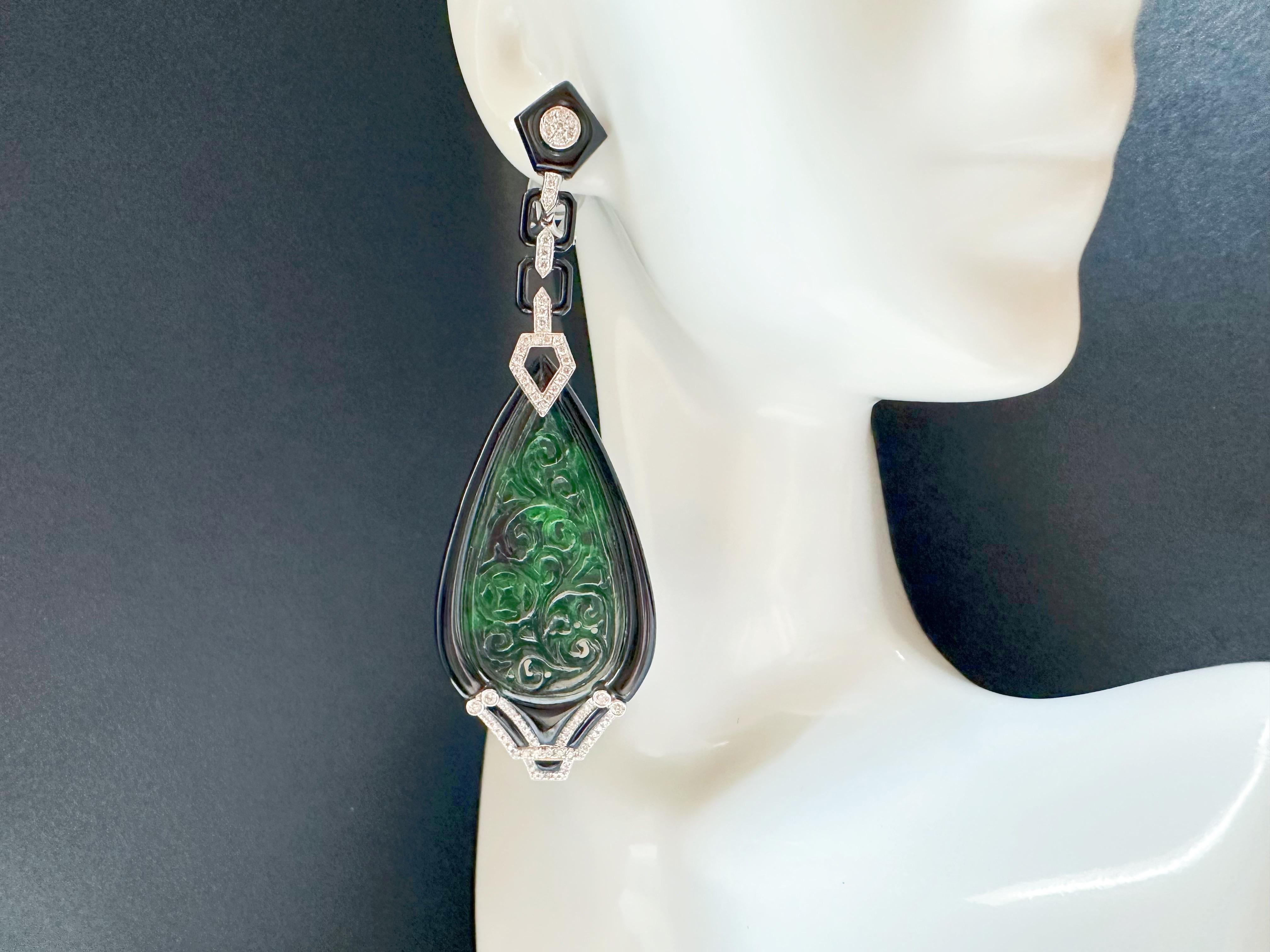 Natural Intense Green Jade Carved Earrings with Black Agate Diamonds 18k Gold For Sale 13
