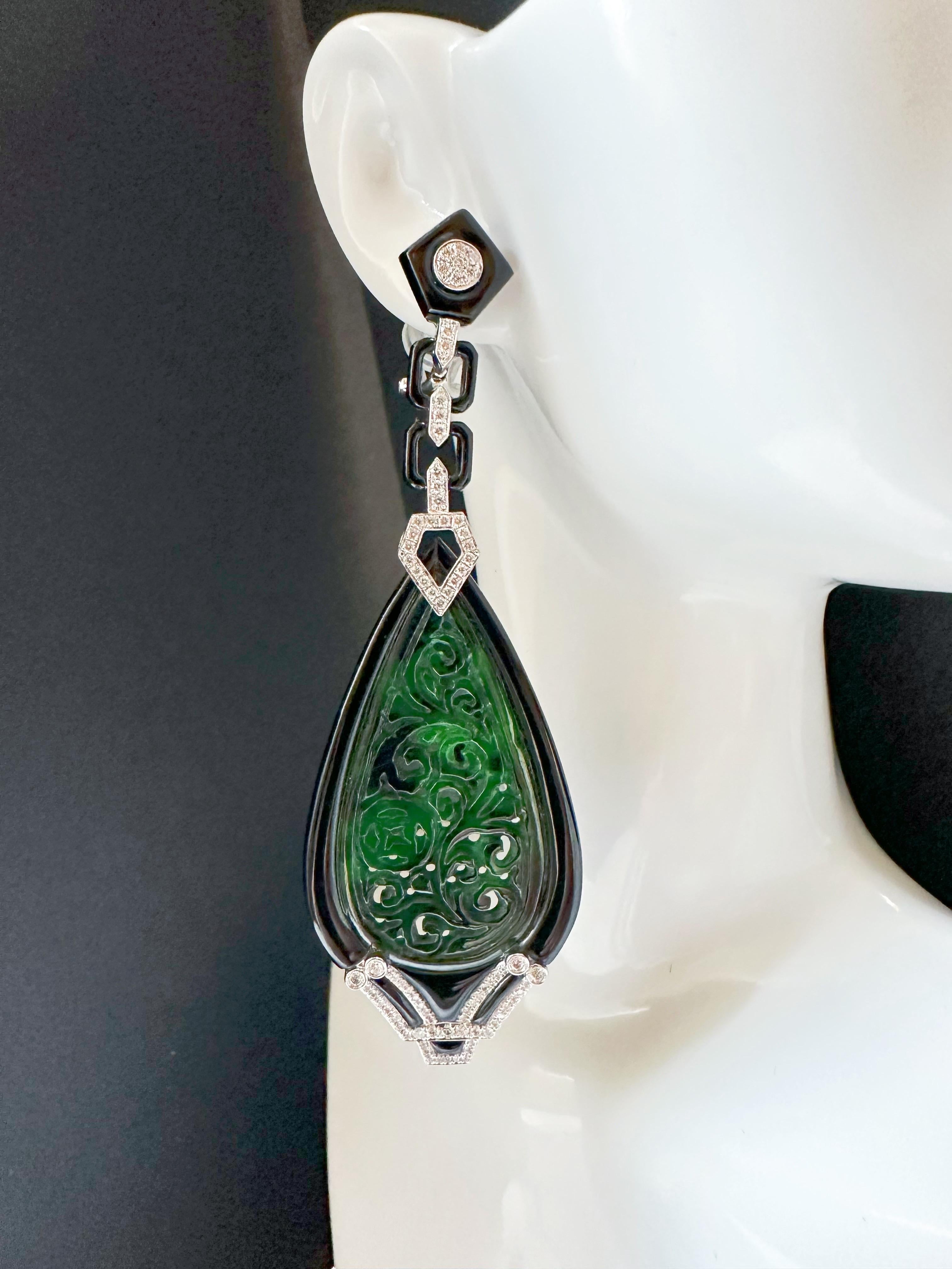 Natural Intense Green Jade Carved Earrings with Black Agate Diamonds 18k Gold For Sale 14