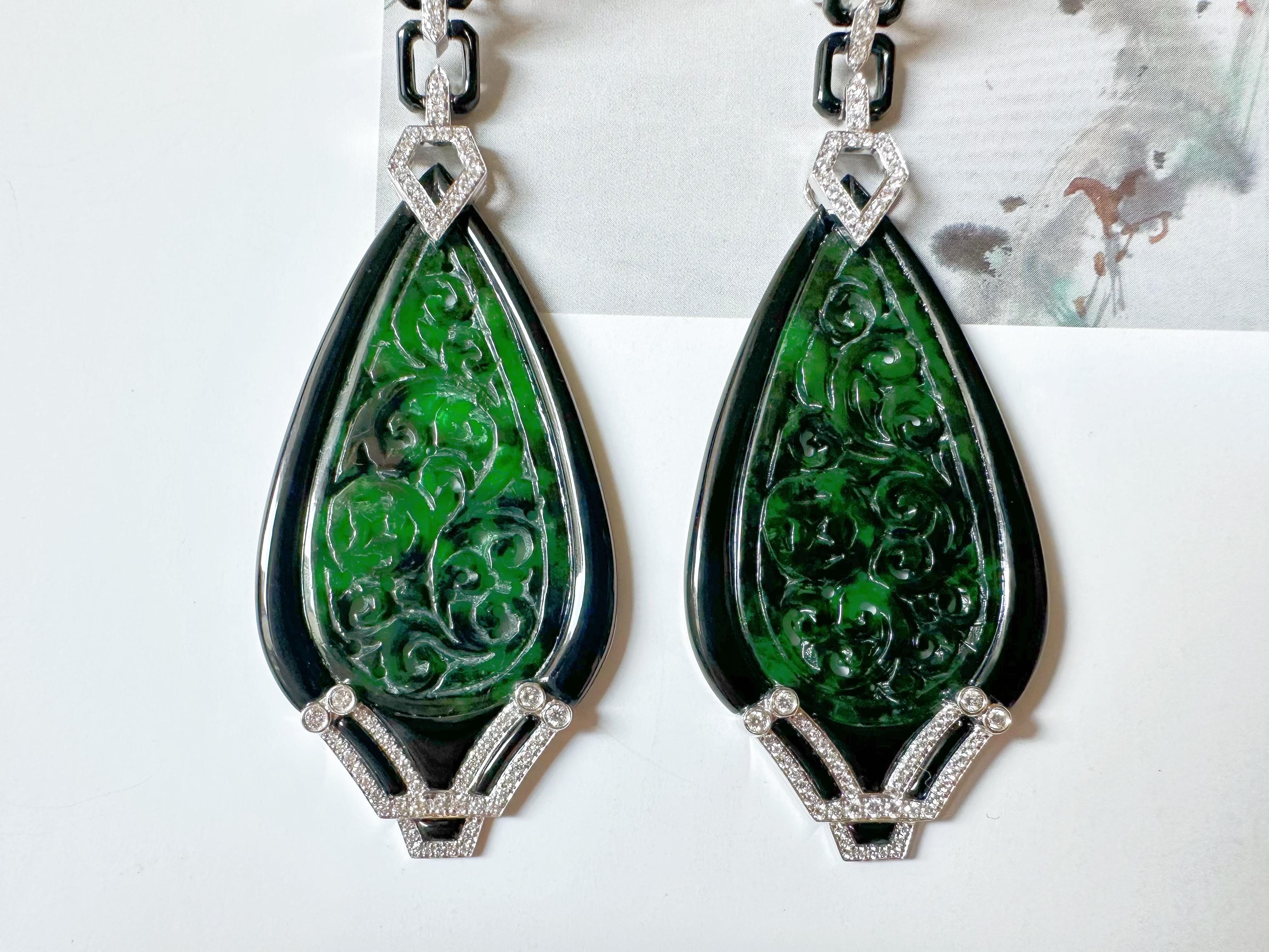 Art Deco Natural Intense Green Jade Carved Earrings with Black Agate Diamonds 18k Gold For Sale