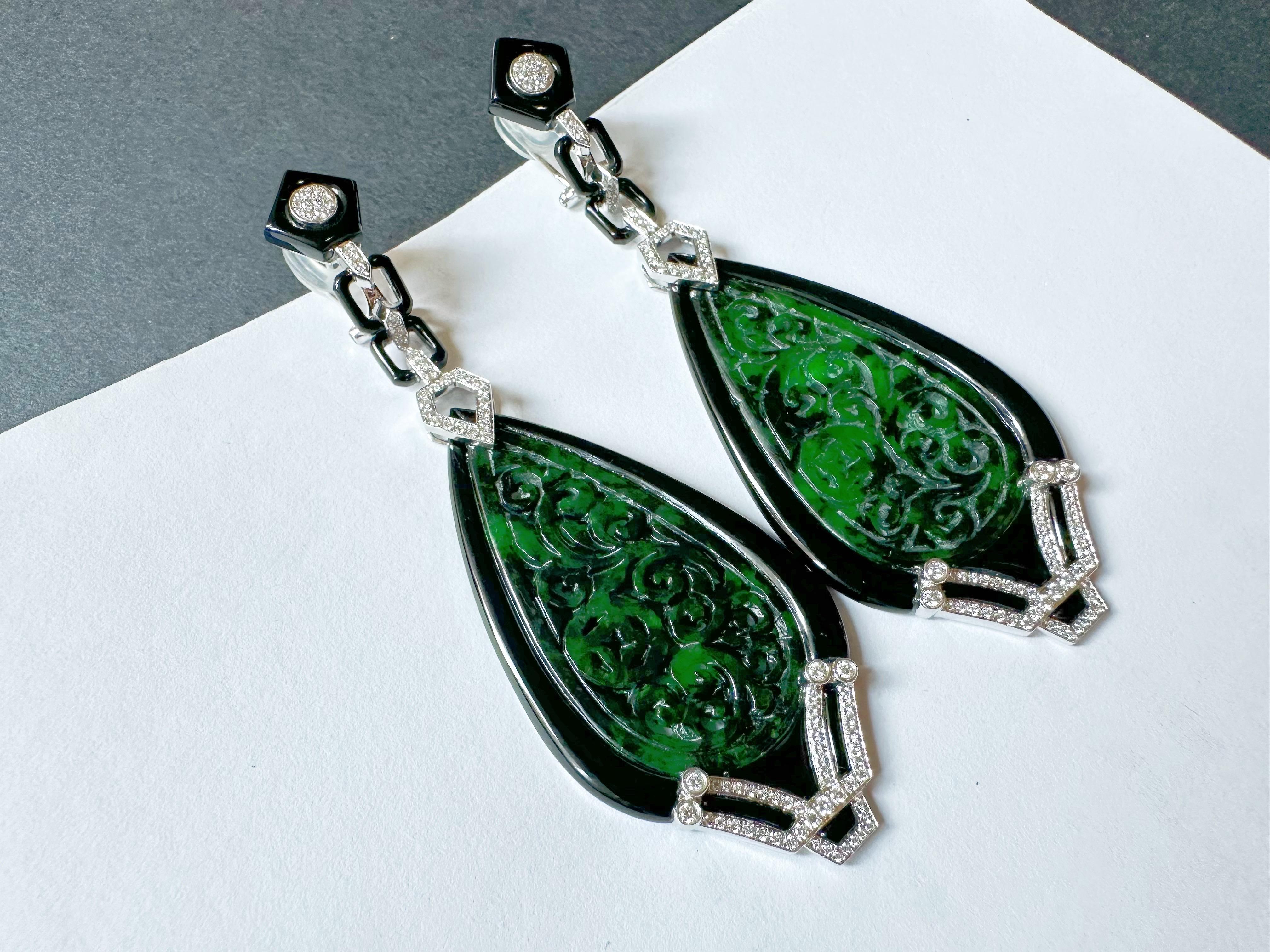 Pear Cut Natural Intense Green Jade Carved Earrings with Black Agate Diamonds 18k Gold For Sale