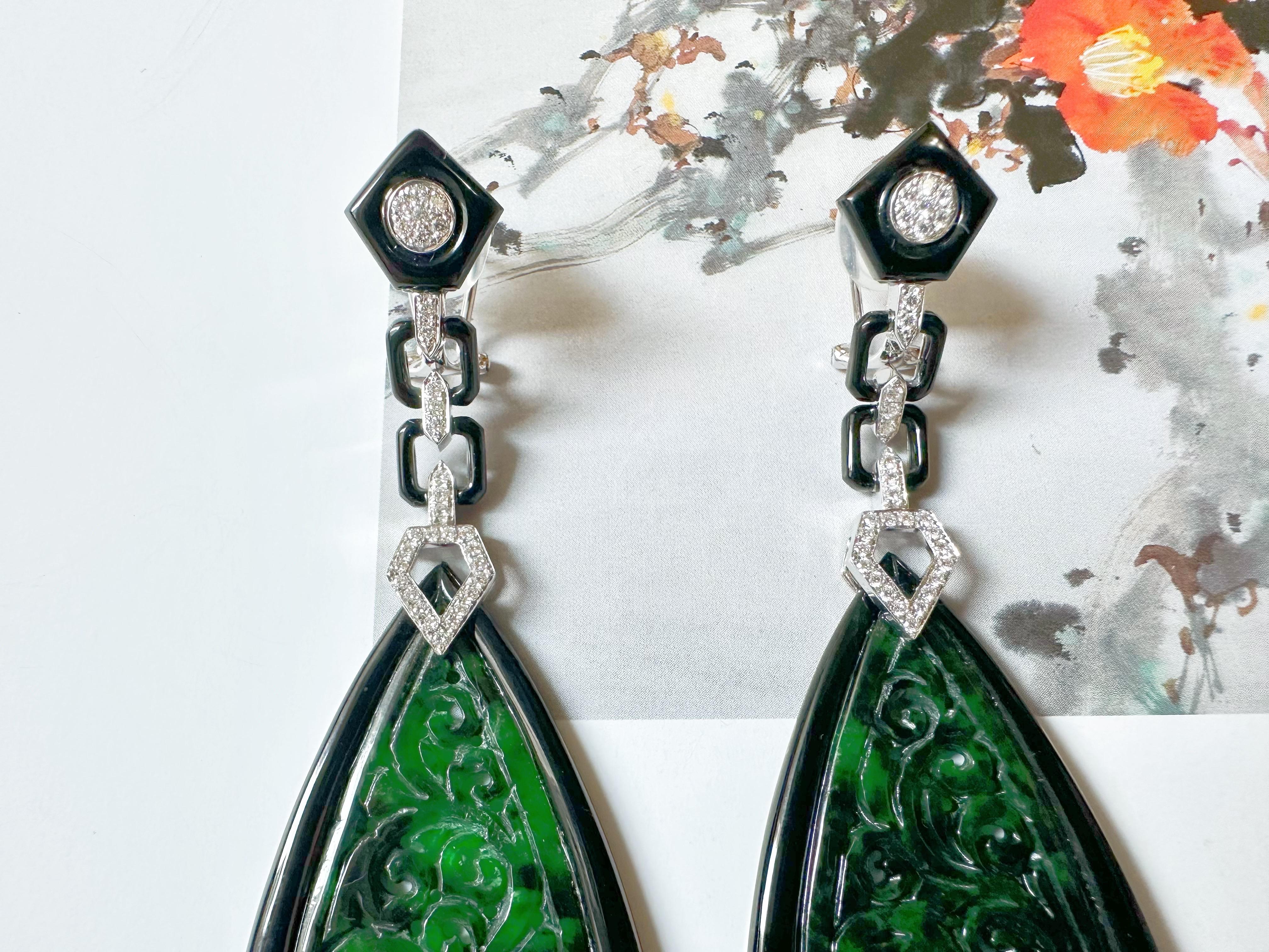 Natural Intense Green Jade Carved Earrings with Black Agate Diamonds 18k Gold For Sale 2