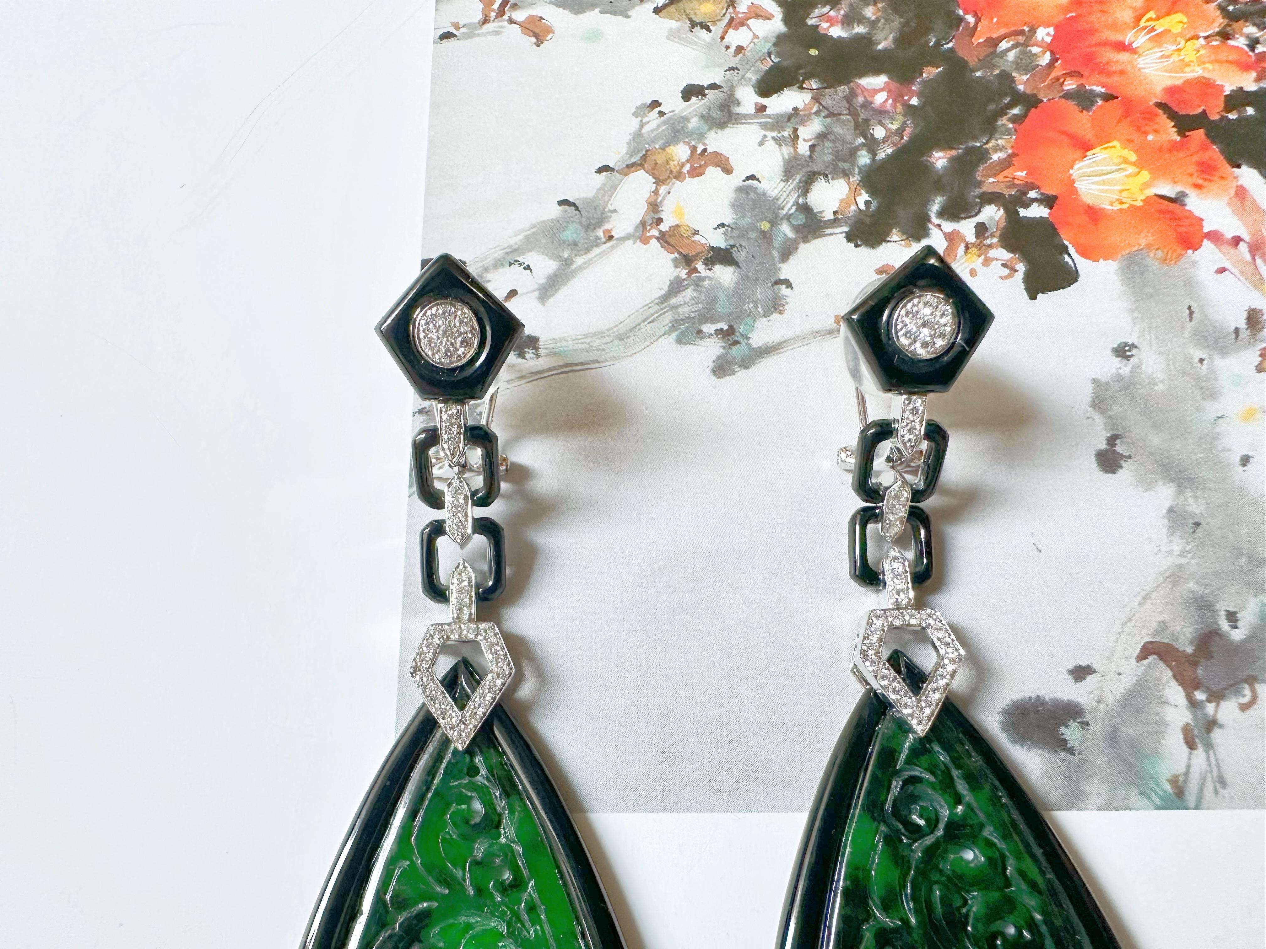 Natural Intense Green Jade Carved Earrings with Black Agate Diamonds 18k Gold For Sale 3