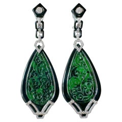 Natürliche intensiv grüne Jade geschnitzte Ohrringe mit schwarzen Achat-Diamanten 18k Gold