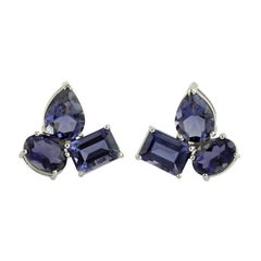 Natural Iolite Multi-Cut Cluster Stud Earrings 18k White Gold