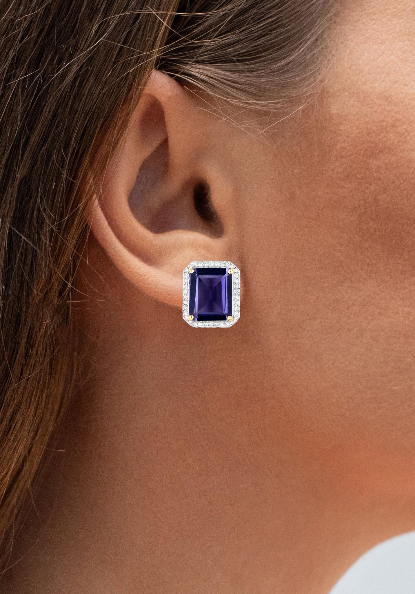Contemporary Natural Iolite Stud Earrings Diamond Halo 7.2 Carats 14K Gold For Sale