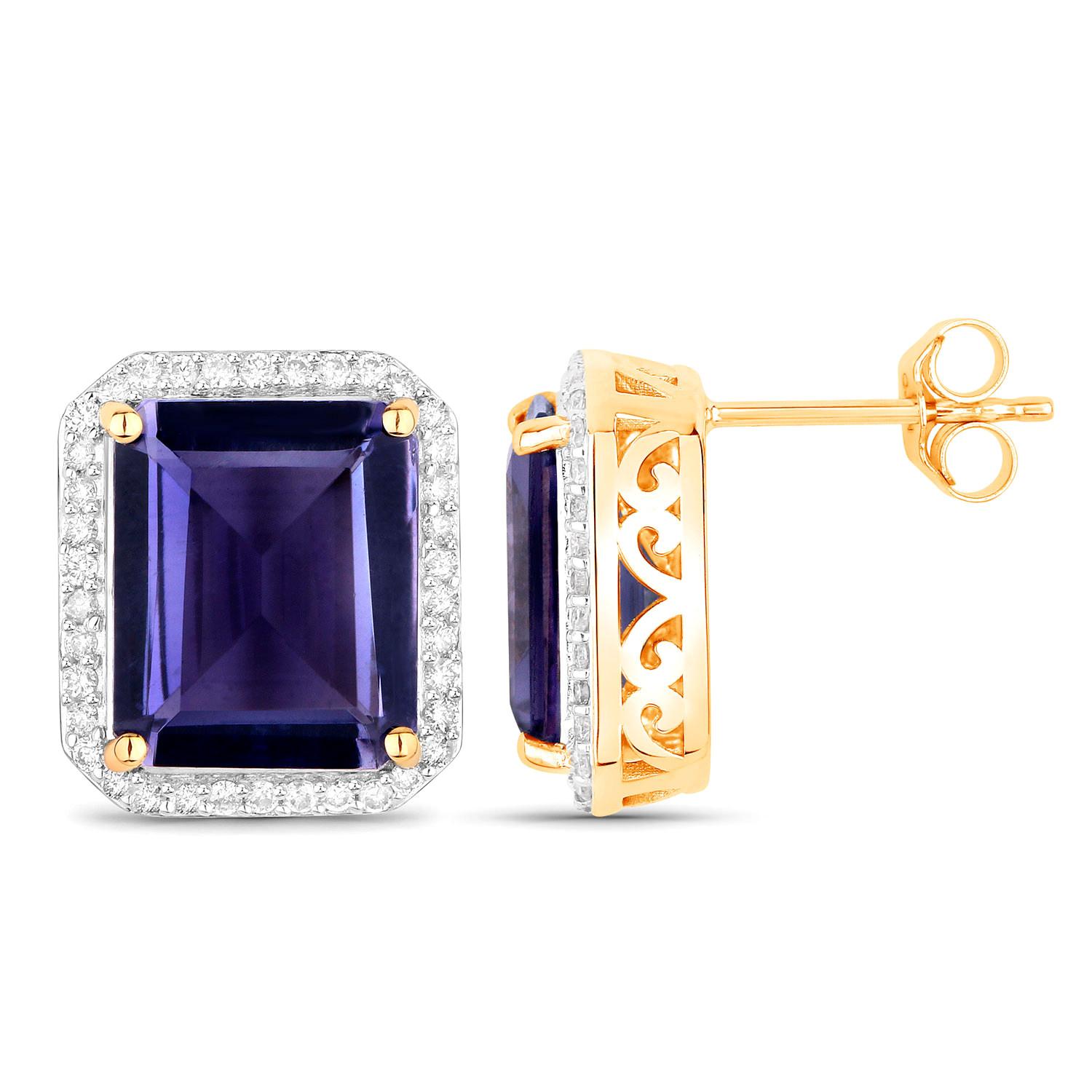 Taglio smeraldo Orecchini di iolite naturale con diamante aureolato 7,2 carati in oro 14K in vendita